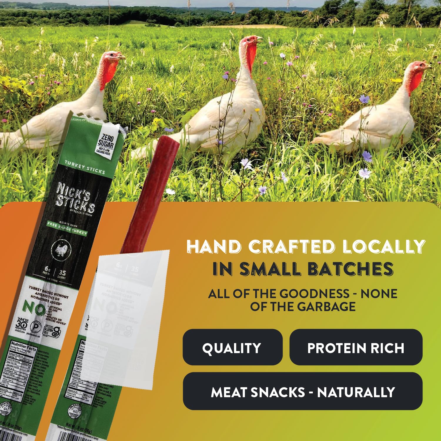 Nick's Sticks Clean & Balanced Free Range Turkey Snack Sticks | Made in the USA | Gluten Free | Paleo | Keto | Whole30 Approved | No Soy, Antibiotics