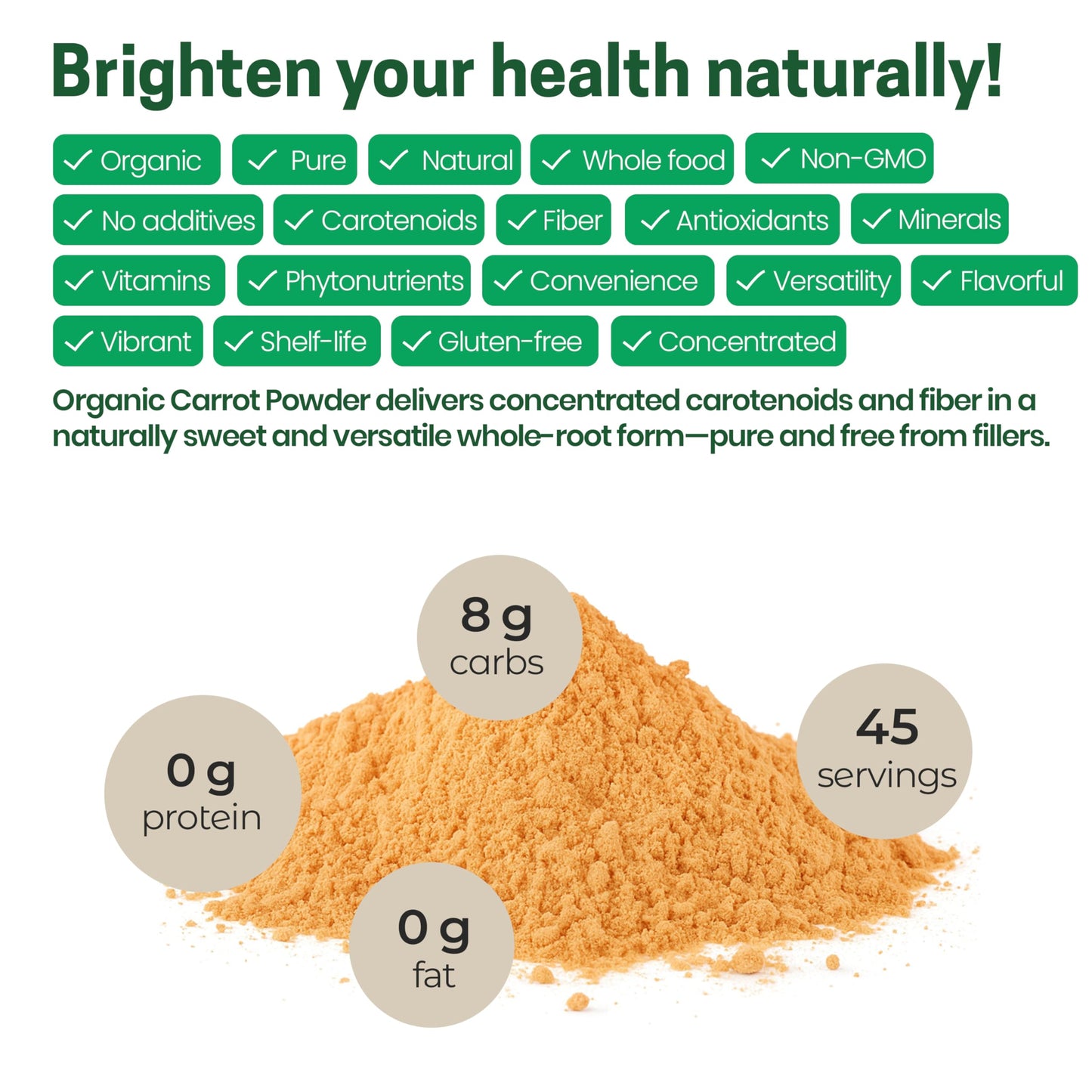 Z Natural Foods Organic Carrot Powder, Natural Superfood Powder for Vision and Heart Health, Great in Juices, Smoothies, and Recipes, Non-GMO, Vegan