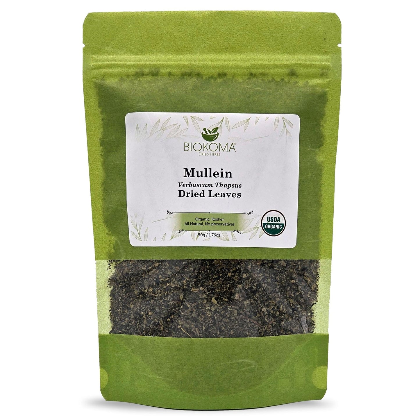 Biokoma Organic Mullein Dried Leaves 50g 1.76oz Verbascum thapsus USDA Organic Herbal Tea Lung Detox Respiratory Support Immunity Resealable Pouch