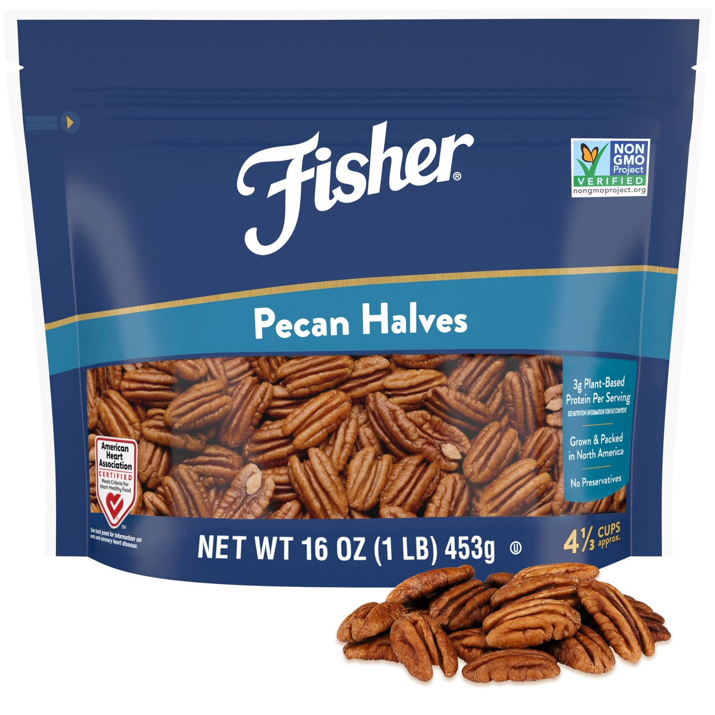 Fisher Chef's Naturals Pecan Halves 1 Lb Resealable Bag, Unsalted Raw Nuts for Cooking, Baking & Snacking, Vegan Protein, Keto Snack, Healthy Snacks
