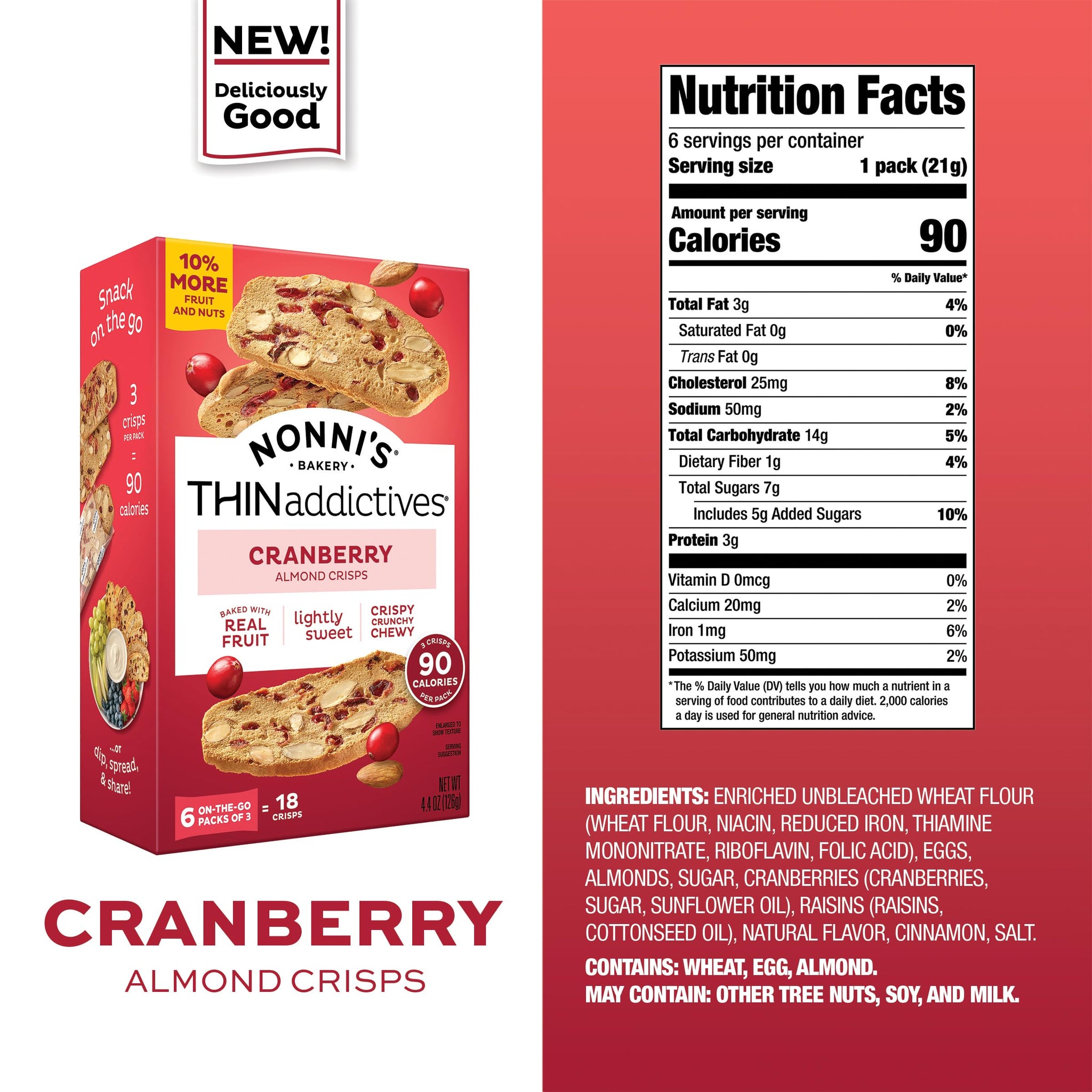 Nonni's THINaddictives Cranberry Almond Nut Cookies, Sweet Crunchy & Chewy Crisps, Individually Wrapped, Kosher Snack, Perfect with Coffee, 6 Packs