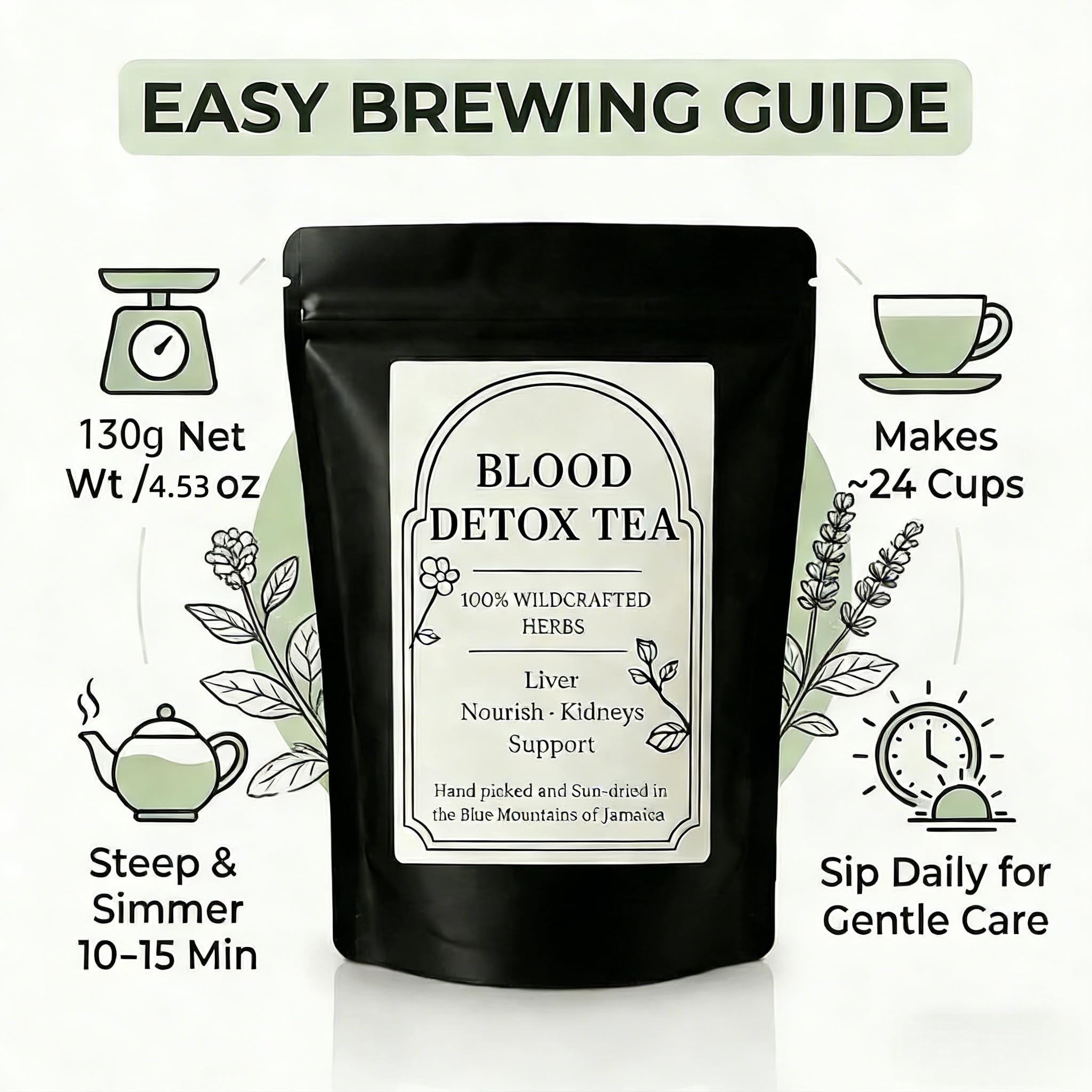 Blood Detox Tea Jamaica, Blood Detox Tea From Jamaica, Rich in Cinnamon, Flower Flagweed, Burdock Root and Wild Cinnamon Leaves, 100% Natural Wild