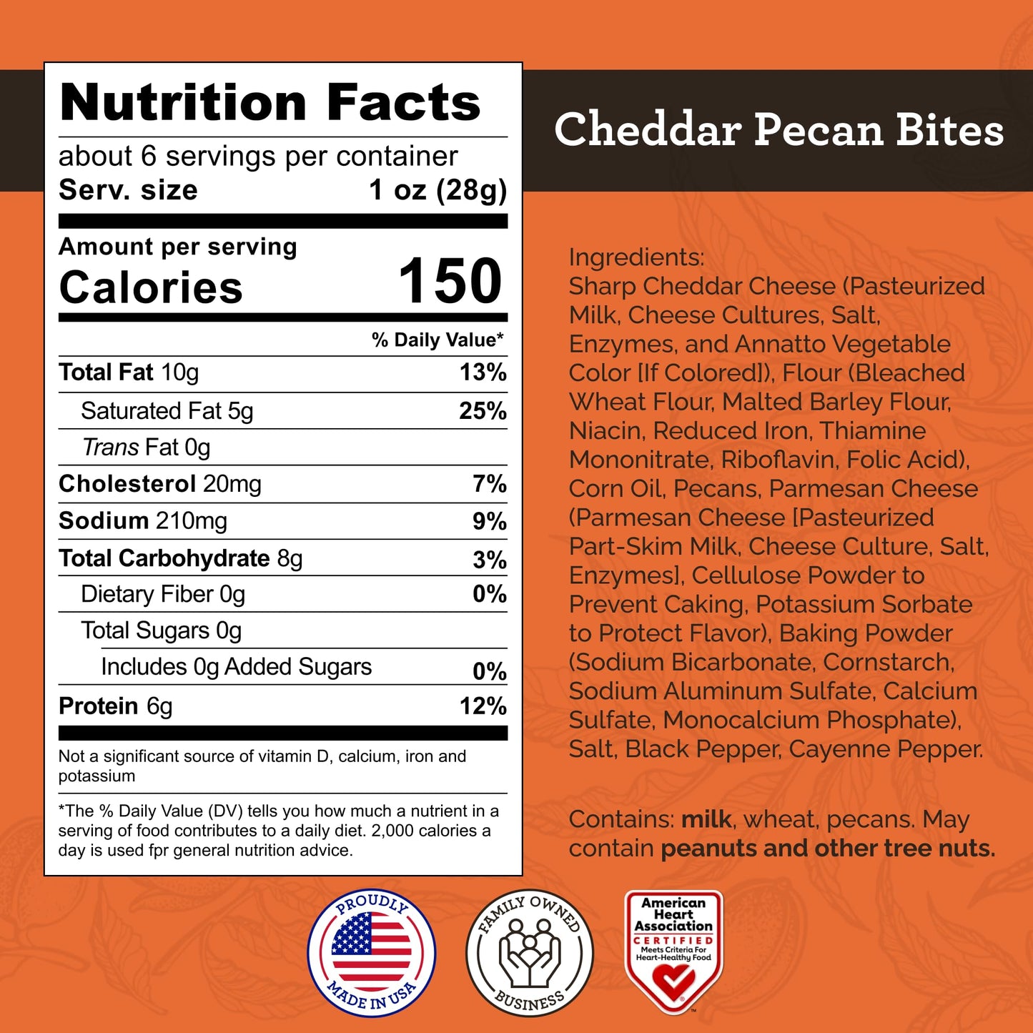 HUDSON PECAN COMPANY Cheddar Pecan Bites - Rich Sharp Cheddar Cheese Snack Made With Premium Georgia Pecan Pieces, Savory Crisp for Charcuterie