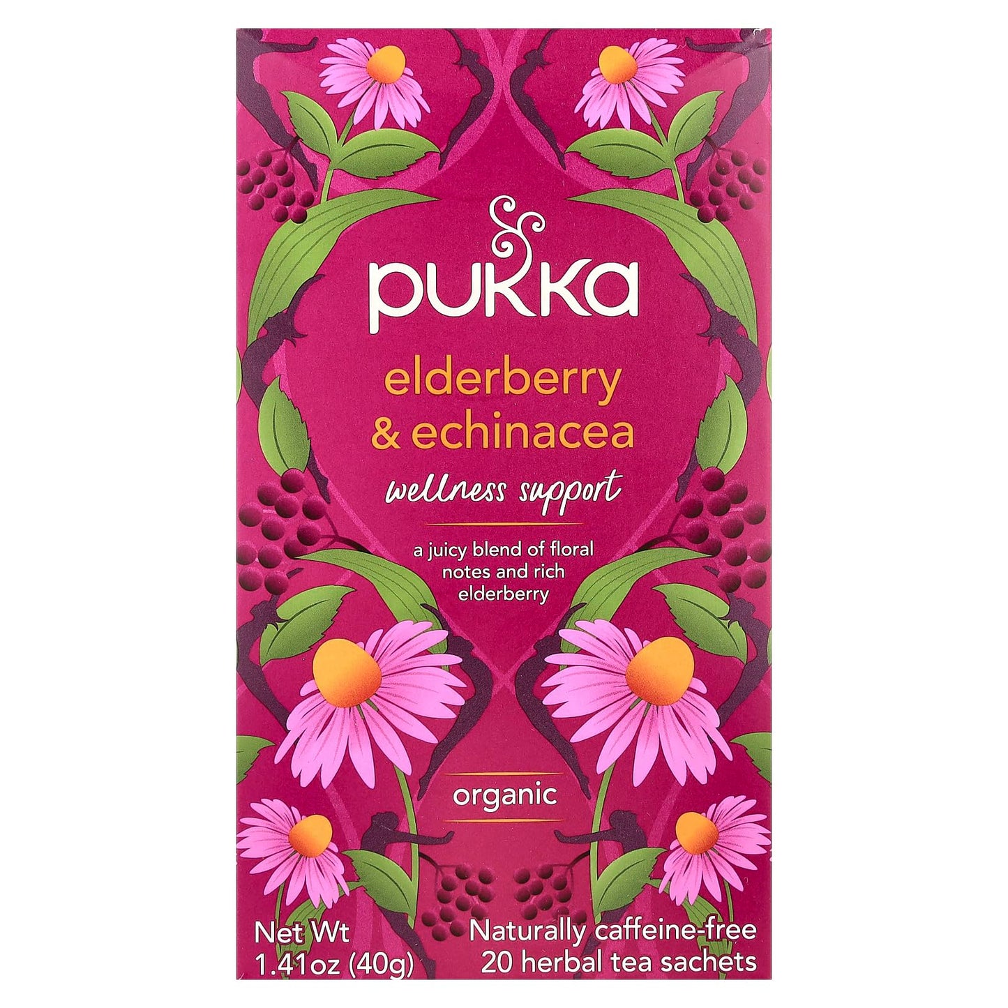 Pukka Elderberry & Echinacea Organic Herbal Tea, Perfect for Wellness Support, Caffeine Free, 20 Total Tea Bags
