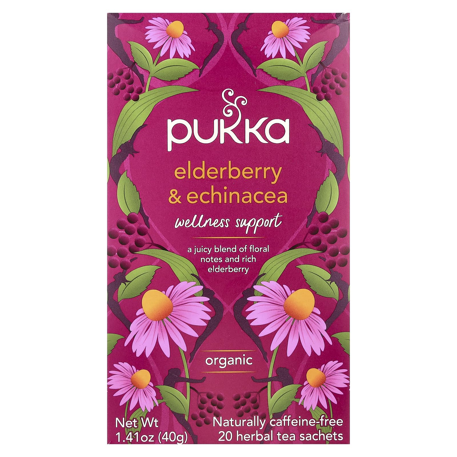 Pukka Elderberry & Echinacea Organic Herbal Tea, Perfect for Wellness Support, Caffeine Free, 20 Total Tea Bags