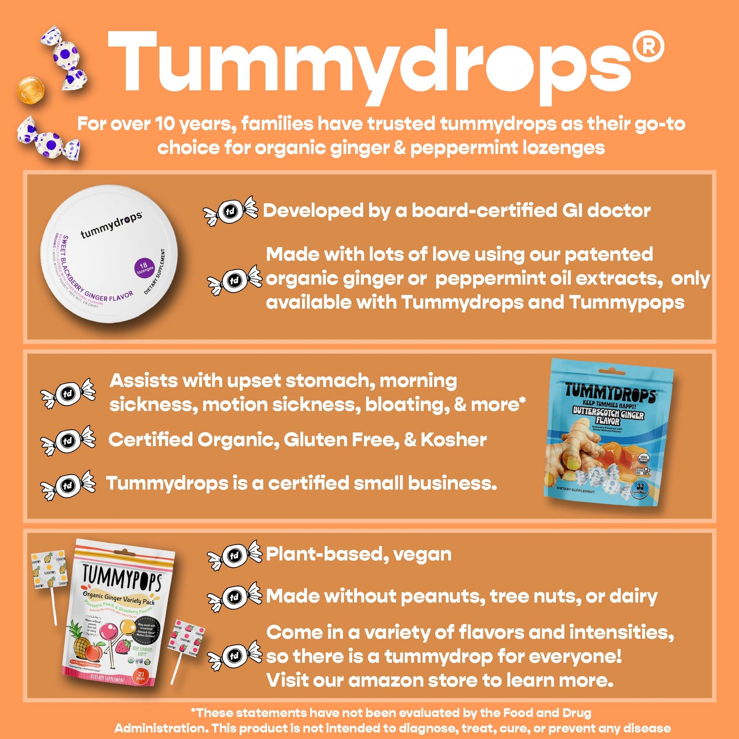 Tummydrops Organic Ginger Goodness Pack (1 tin each Spicy Ginger, Sweet Ginger Pear, & Double Ginger Peach). Gluten Free & Vegan. 54 Individually