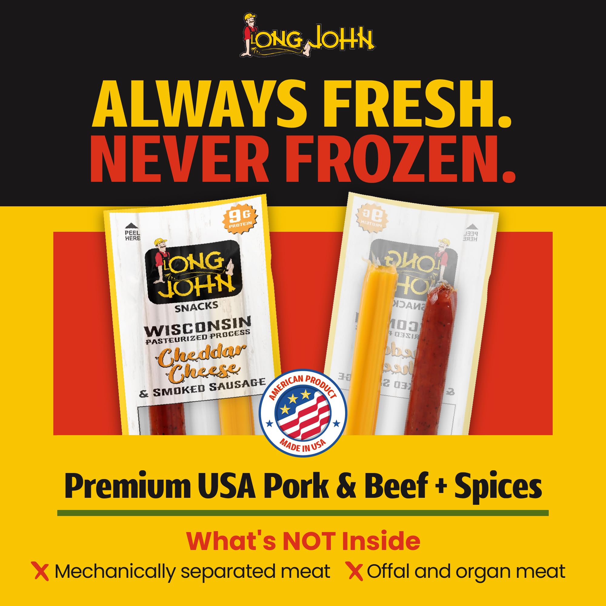 Long John Snacks Meat and Cheese Sticks - Original Smoked Sausage & Real Wisconsin Cheddar Cheese Stick - High Protein Snacks Made from Premium USA