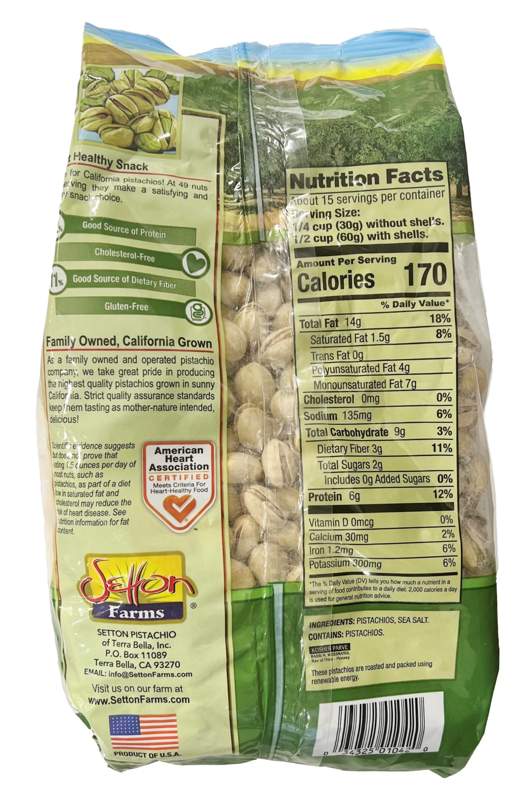Setton Farms Roasted and Salted Premium California Pistachios 2lb Bag Certified NonGMO Gluten Free Vegan & Kosher, Dry Roasted With Sea Salt, 32 Oz