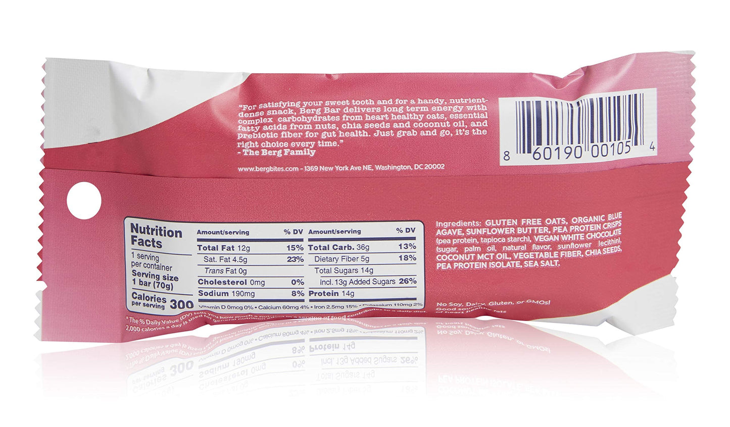 Berg Oat N' Energy Bar | Sunflower Butter White Chocolate | Plant Based Protein Bar | Non-GMO, Gluten Free, Nut Free and Vegan | Low Sugar, Healthy