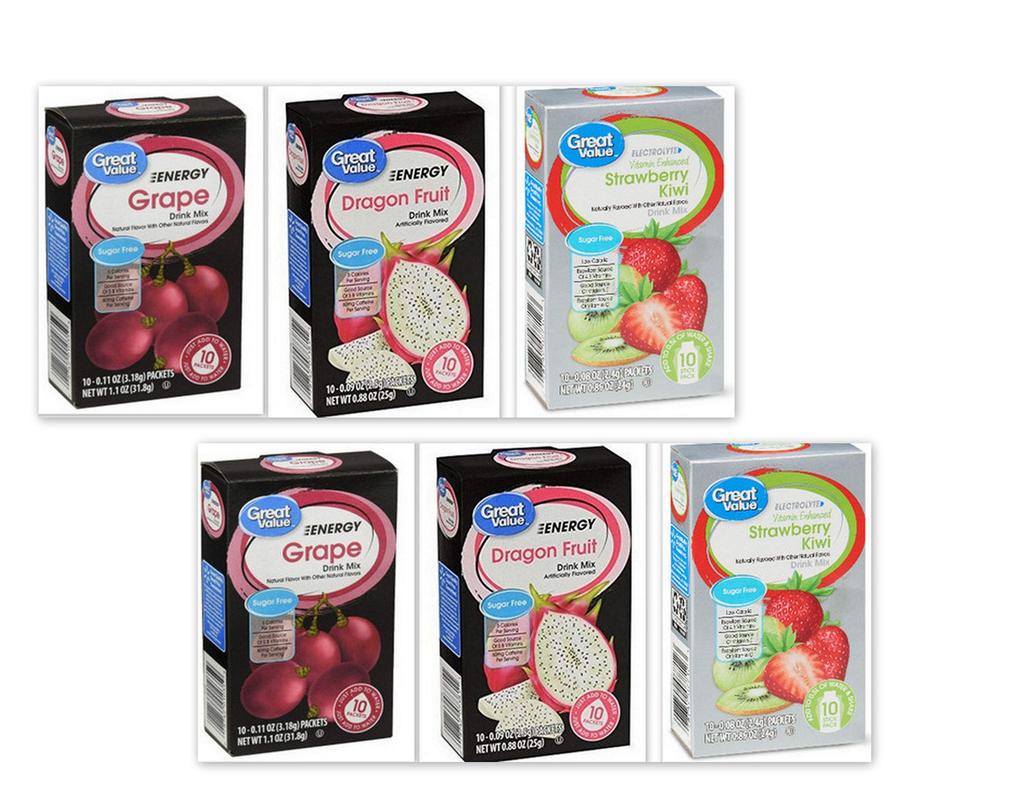 Great Value Energy Drink Mix bundle: 2x Dragon Fruit, Grape; 2x Electrolyte Stawberry Kiwi