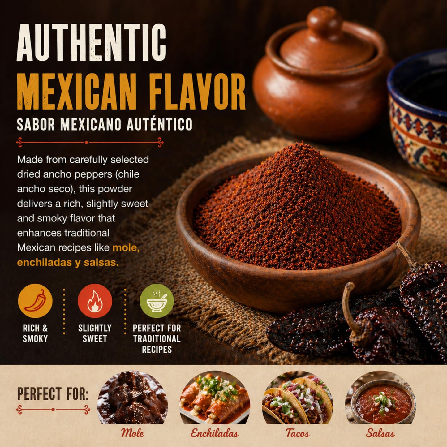 Don Ponchos Ancho Chile Powder 1 lb (16 oz) - Authentic Mexican Chile Ancho Molido, Mild Smoky Chili Powder Seasoning for Mole, Enchiladas, Tacos