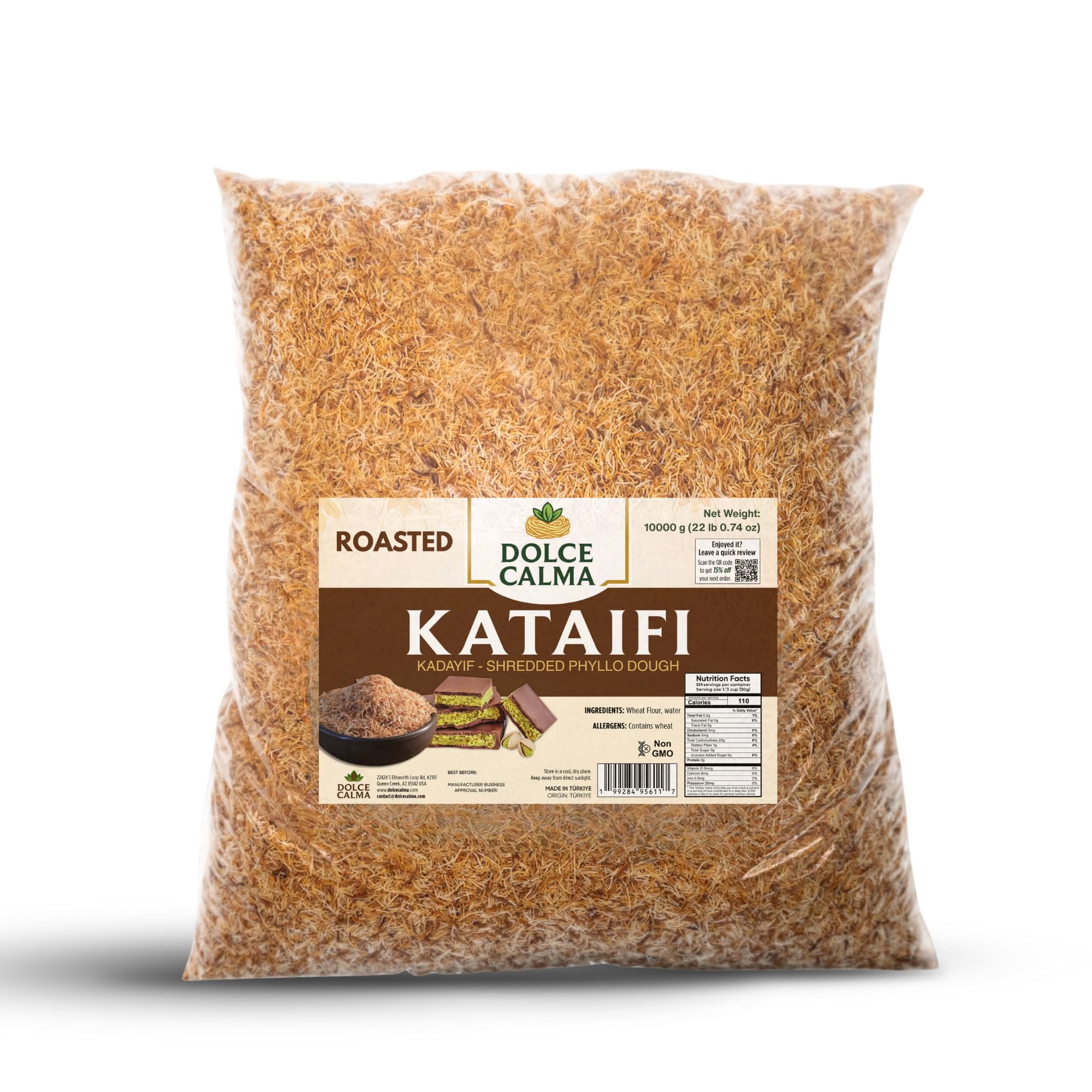 Dolce Calma Premium Roasted Kataifi Dough (10kg / 22lb) - Kadayif for Dubai Chocolate Bar, Kunafa & Baklava Desserts, Finely Shredded Fillo, Large