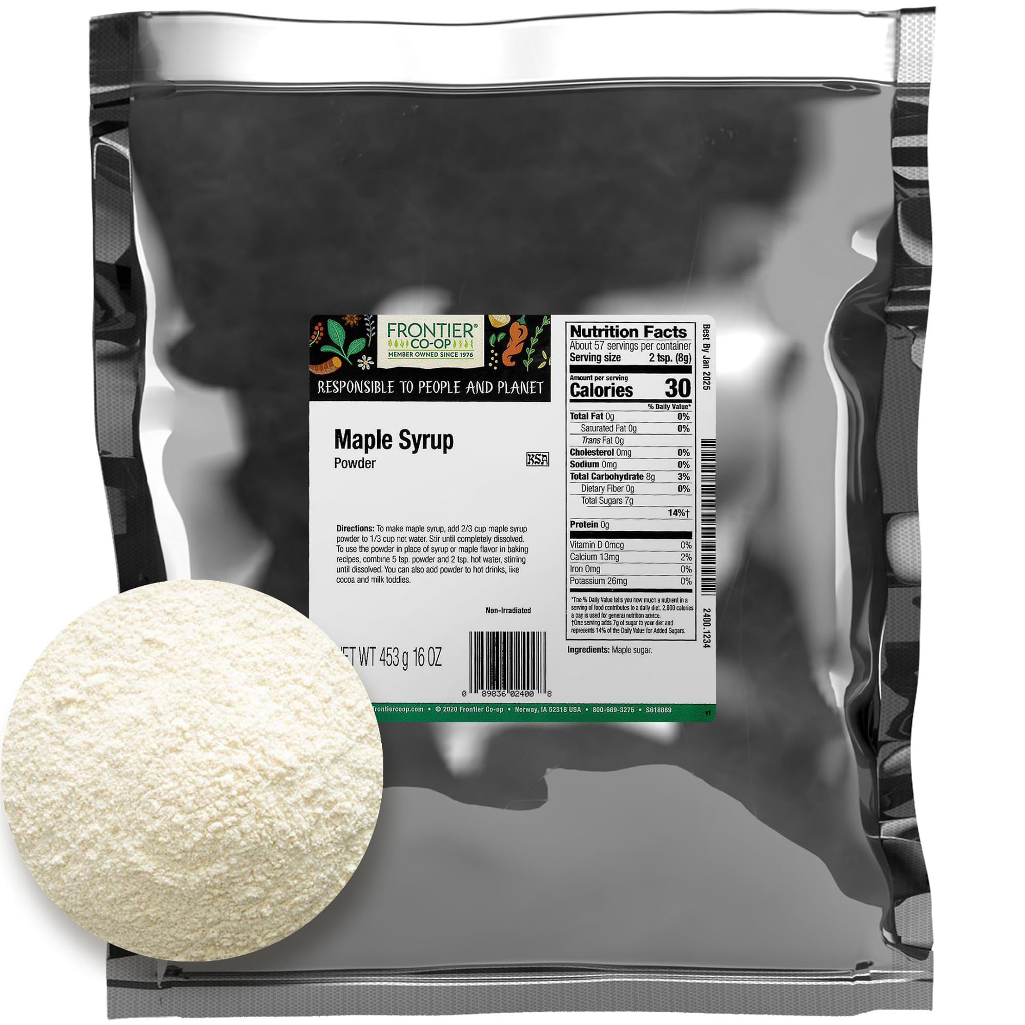 Frontier Co-op Maple Syrup Powder, 1lb Bulk Bag, Pure Maple Sugar, Natural Sweetener, Maple Powder - Perfect Sugar Alternative for Teas, Baking & More