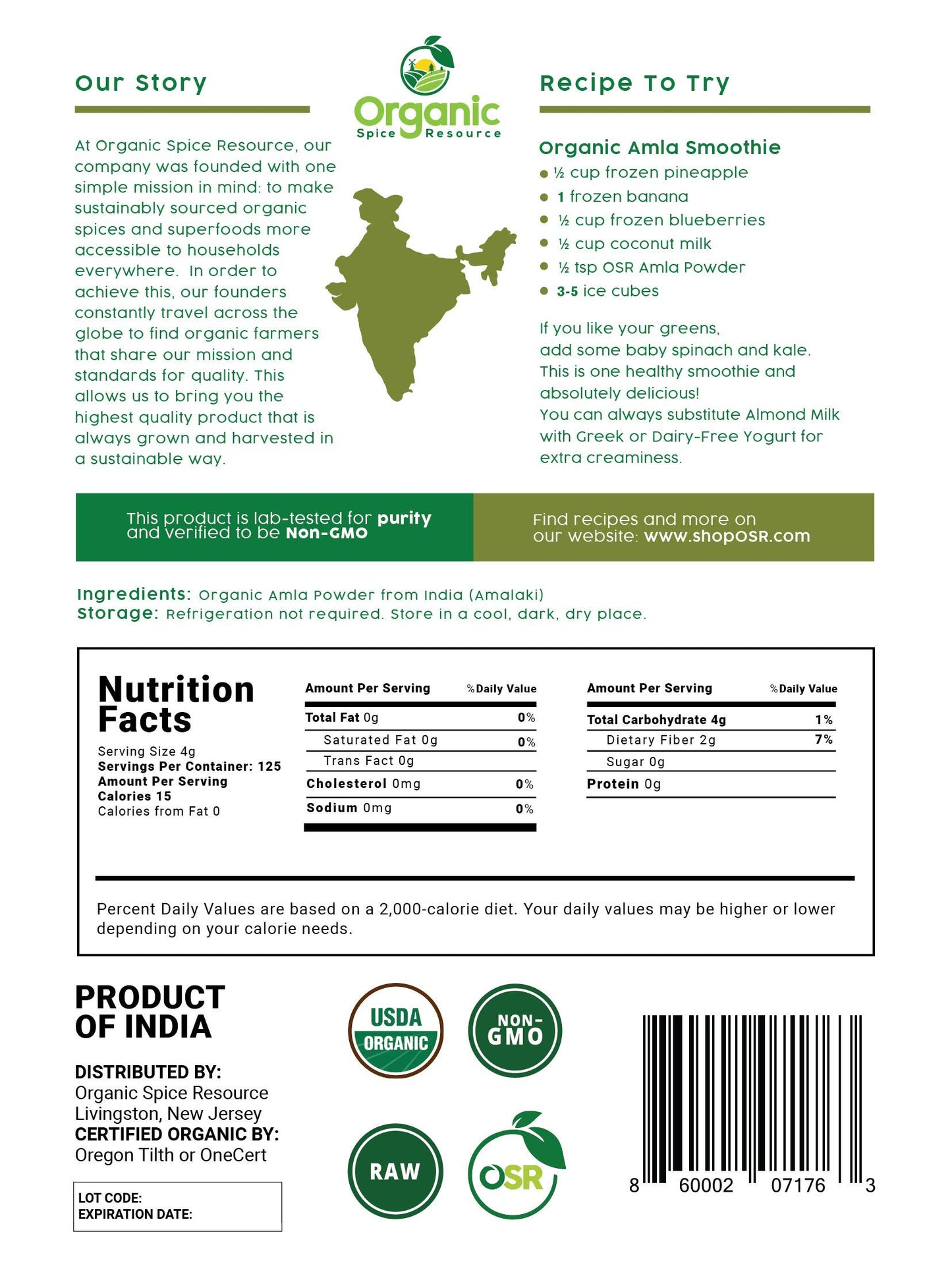 Organic Amla Powder - 1.1 lbs or 17.54oz | Amalaki, USDA Organics, Non-GMO, Kosher, Halal - 100% Raw and Natural, by SHOPOSR