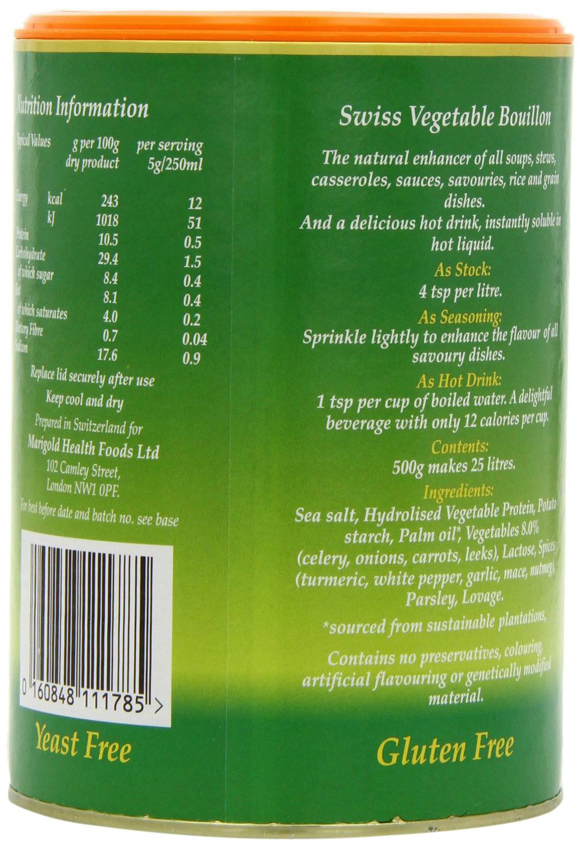 Marigold Health Foods Bouillon Instant Vegetable Stock Powder 500 g - Vegan & Gluten Free - Makes 25 Litres