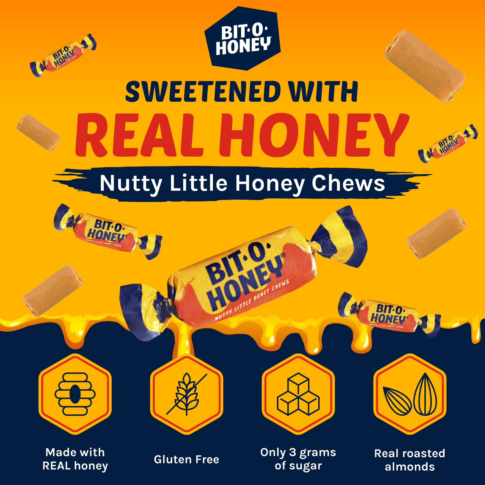 Bit O Honey Candy - Individually Wrapped Honey Taffy with Roasted Almond Bits, Gluten-Free, Classic Bite-Sized Treats, Sweet and Chewy Taffy Candy