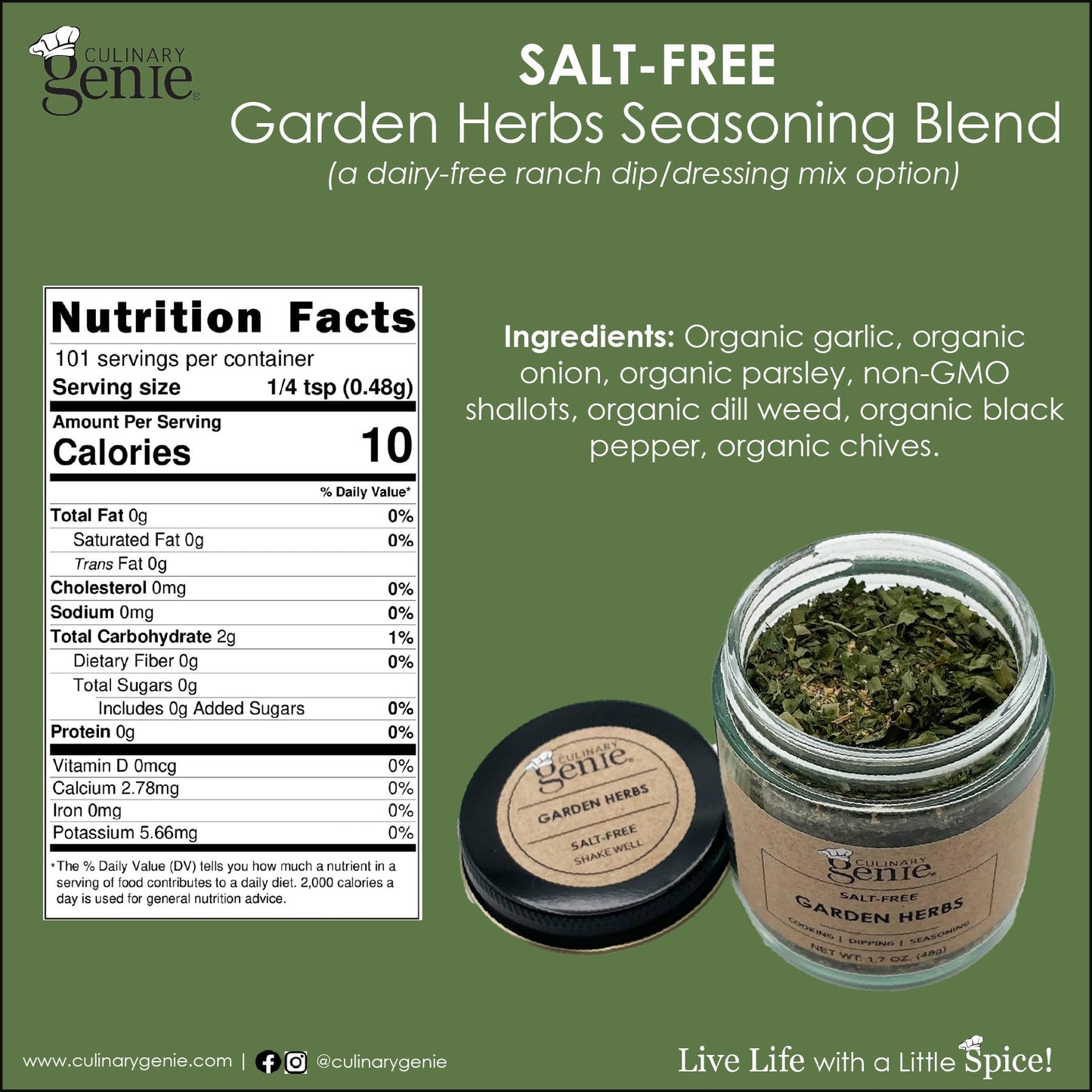Culinary Genie Salt-Free Garden Herbs Seasoning Blend - Ranch Style Dip & Dressing Mix, Dairy-Free, No Salt Added