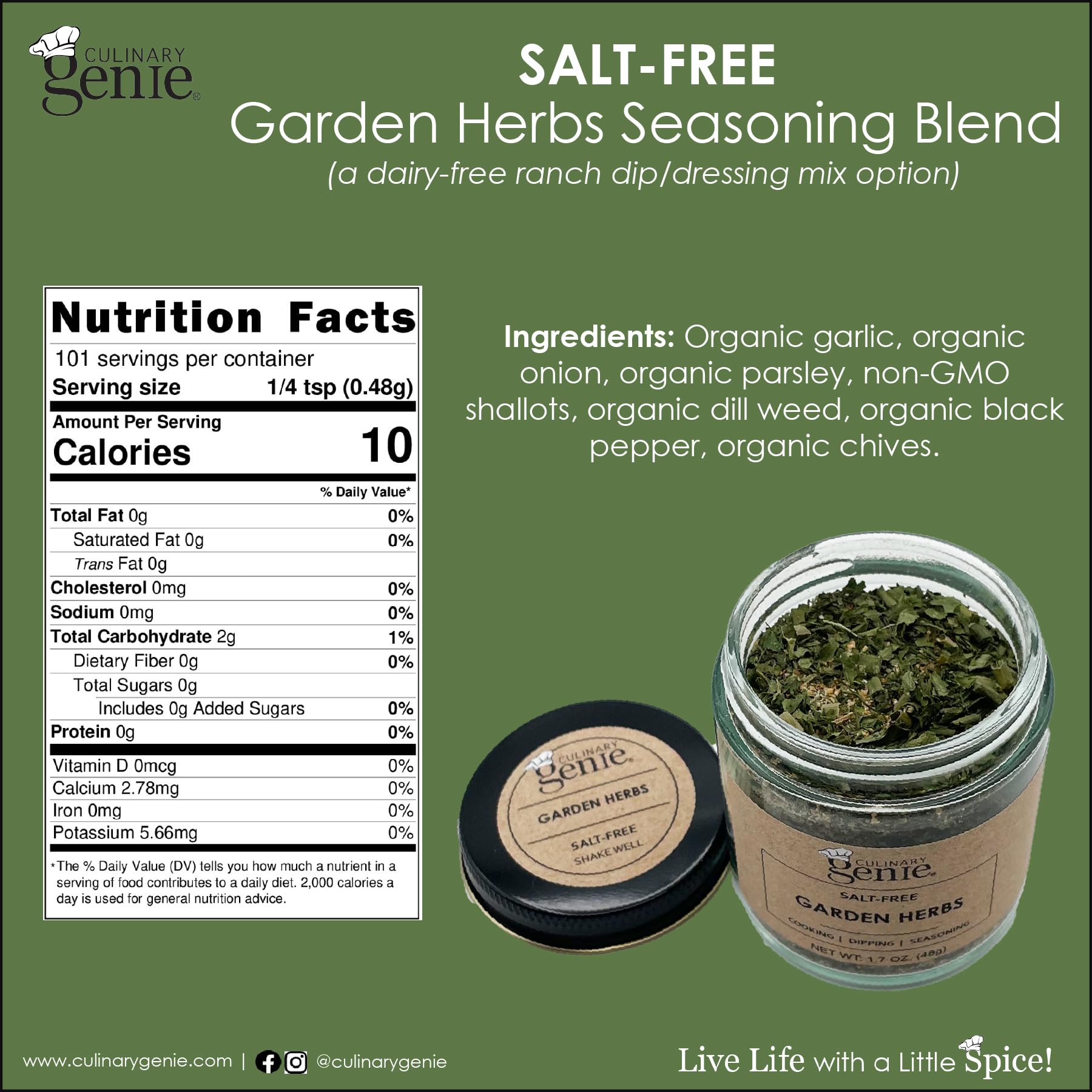 Culinary Genie Salt-Free Garden Herbs Seasoning Blend - Ranch Style Dip & Dressing Mix, Dairy-Free, No Salt Added