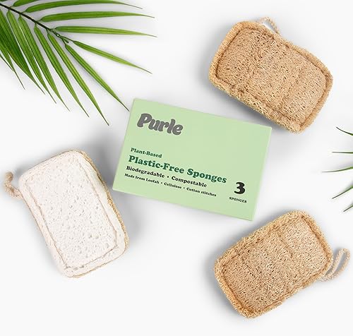 Purle Natural Kitchen Sponges, Eco-Friendly, Compostable Dish Sponges, Loofah & Cellulose Scrubbers, Plastic-Free, Zero-Waste, Biodegradable, Durable