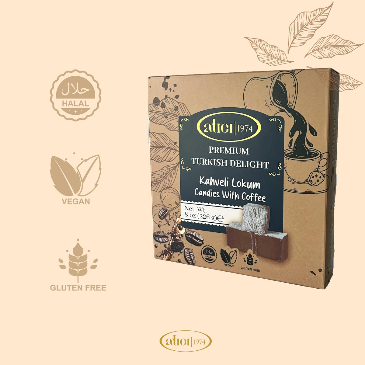Atici Lokum Authentic Turkish Delight 8oz - Gourmet Vegan Sweets, Gluten-Free, Halal Soft Chewy Candy Gift Box | Traditional Premium Lokum Loukoumi