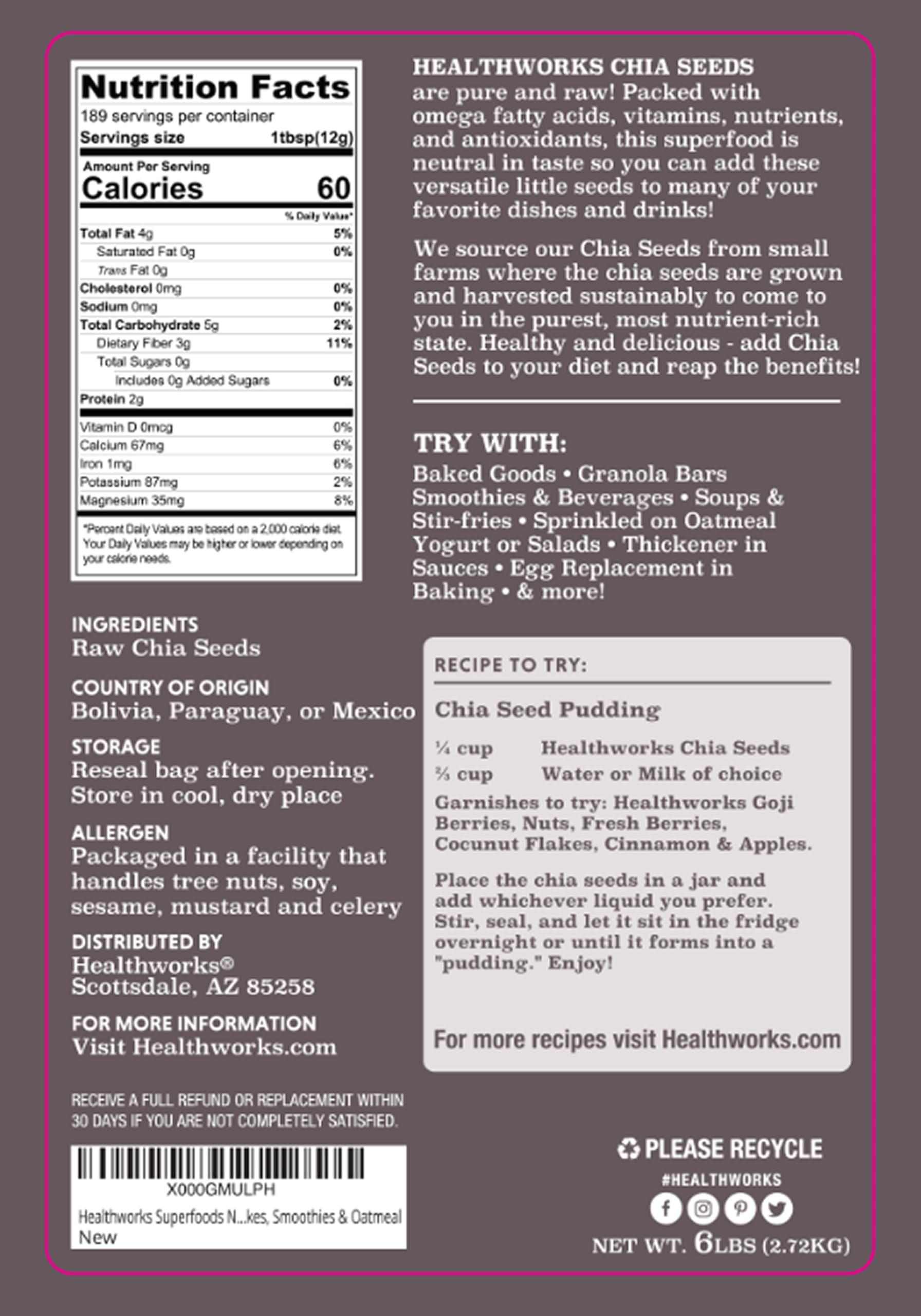 Healthworks Superfoods Raw Chia Seeds - 96 Oz / 6 Lbs - Premium & All-Natural - Contains Omega 3, Fiber & Protein - Great with Shakes, Smoothies