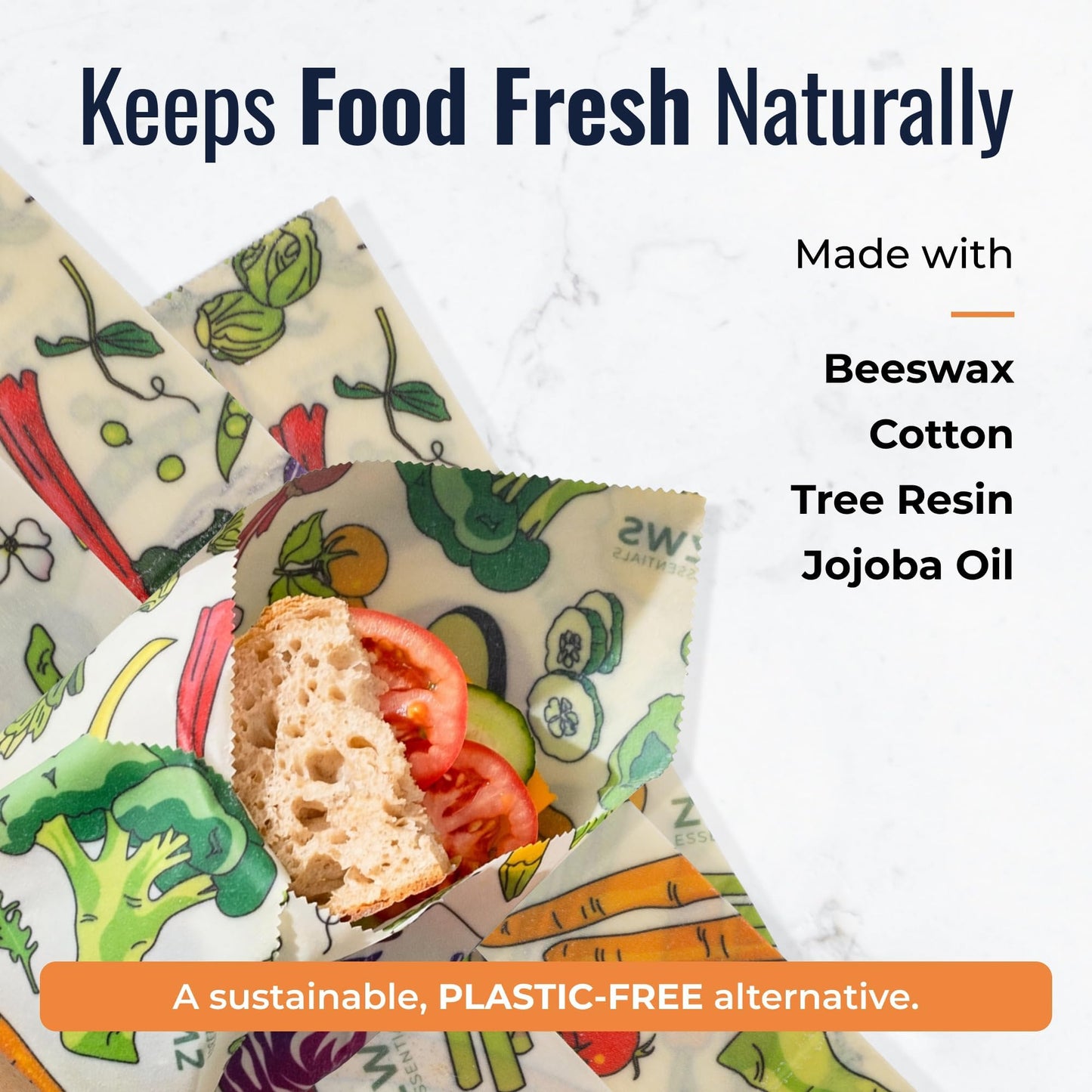 ZWS Essentials Beeswax Wraps, Reusable Cotton Food Storage Set for Kitchen, Lunch, Bread, Snacks, Bowls. Eco-Friendly Plastic-Free Alternative. 3-Pack