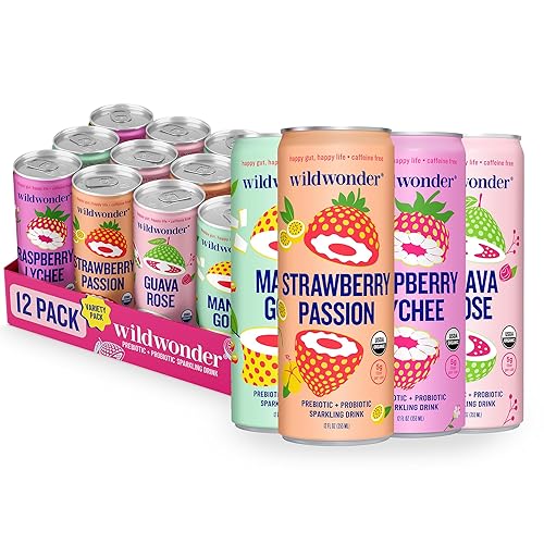 wildwonder Sparkling Probiotic Drink 12pk, For Gut Health & Immune Support, Classic Variety Pack, 5g Prebiotic Fiber, Live Probiotics, Organic, Vegan