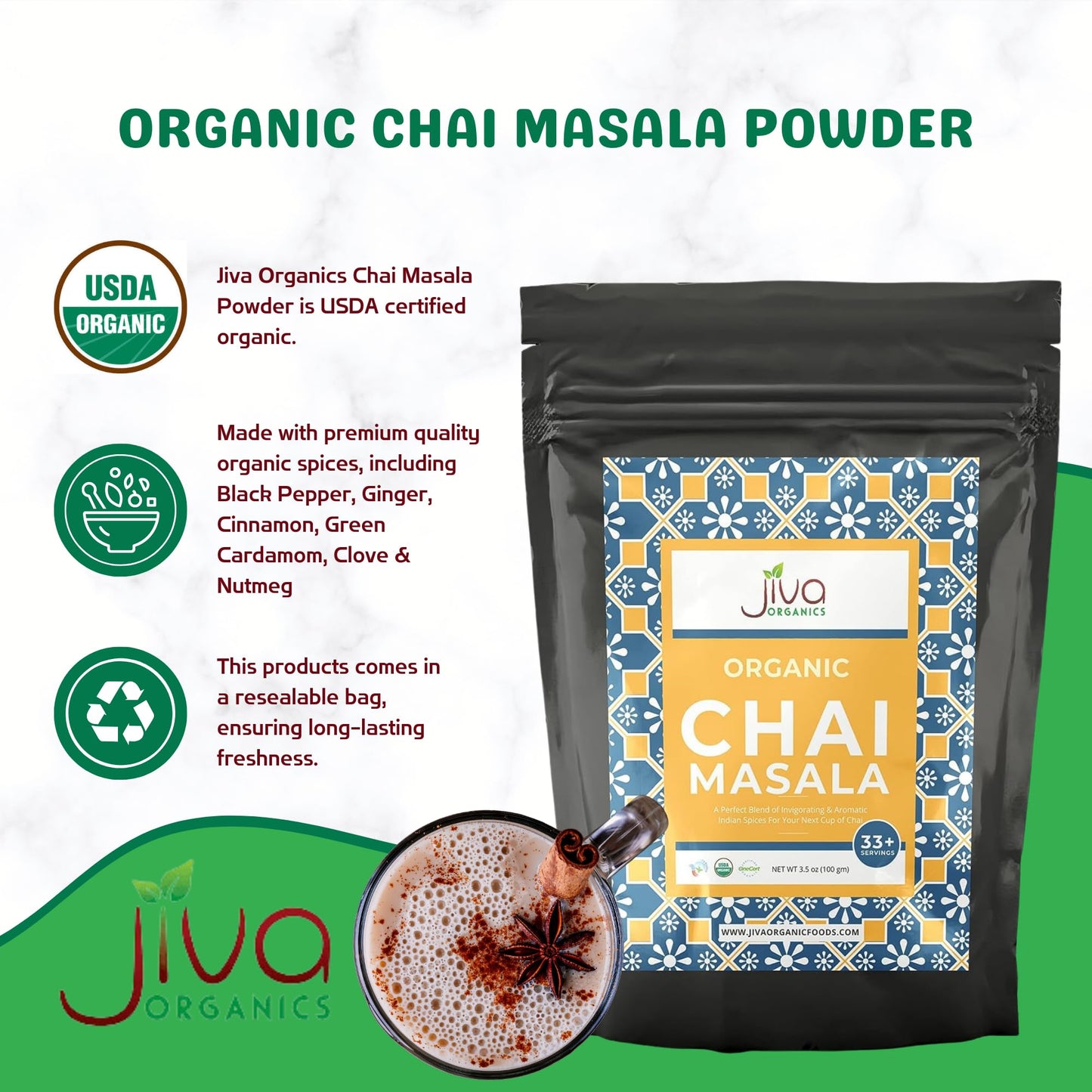 Jiva Organic Traditional Masala Chai Tea Powder Spice Blend 3.5 Ounce - Made with All Organic Spices - Easy Indian Tea Preparation