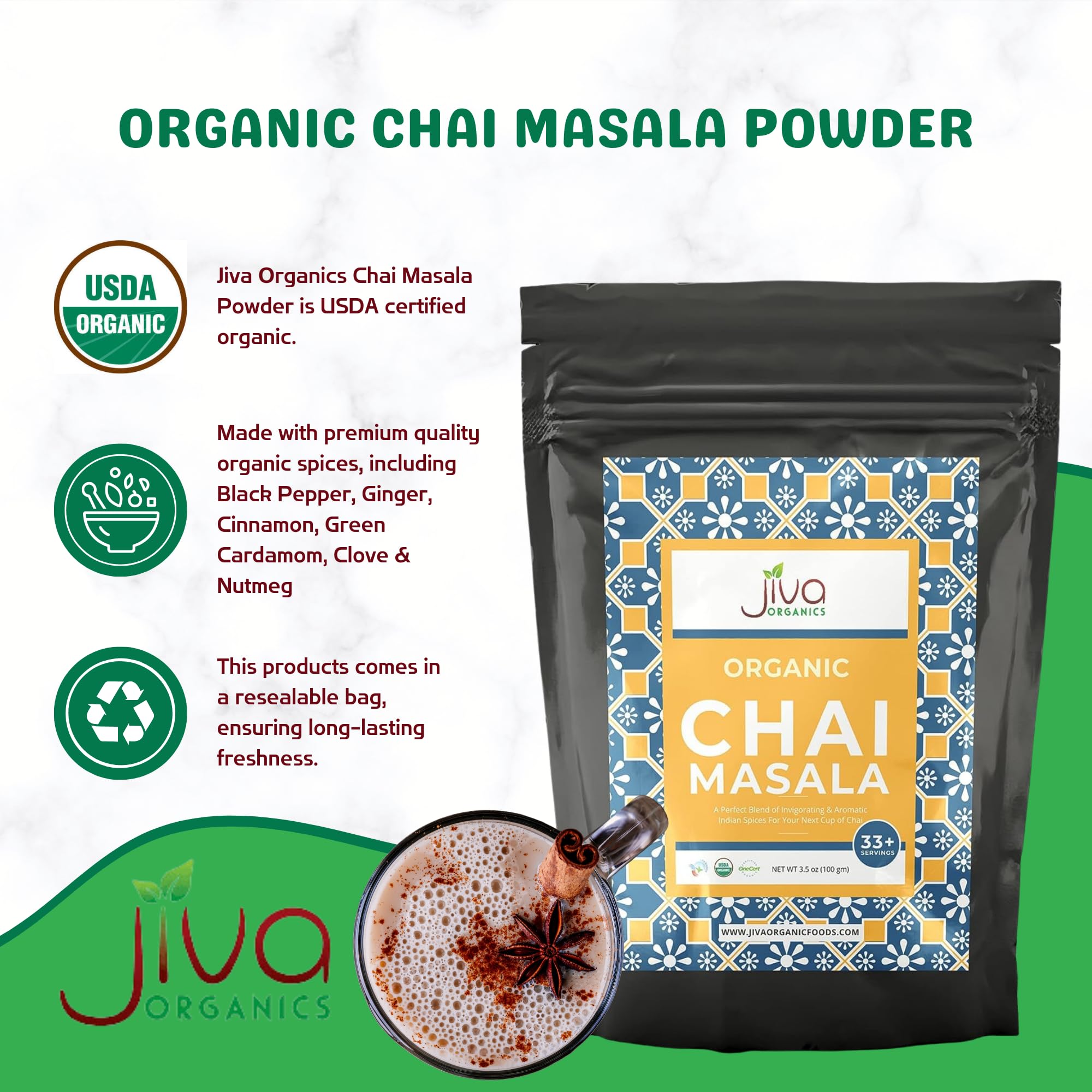 Jiva Organic Traditional Masala Chai Tea Powder Spice Blend 3.5 Ounce - Made with All Organic Spices - Easy Indian Tea Preparation