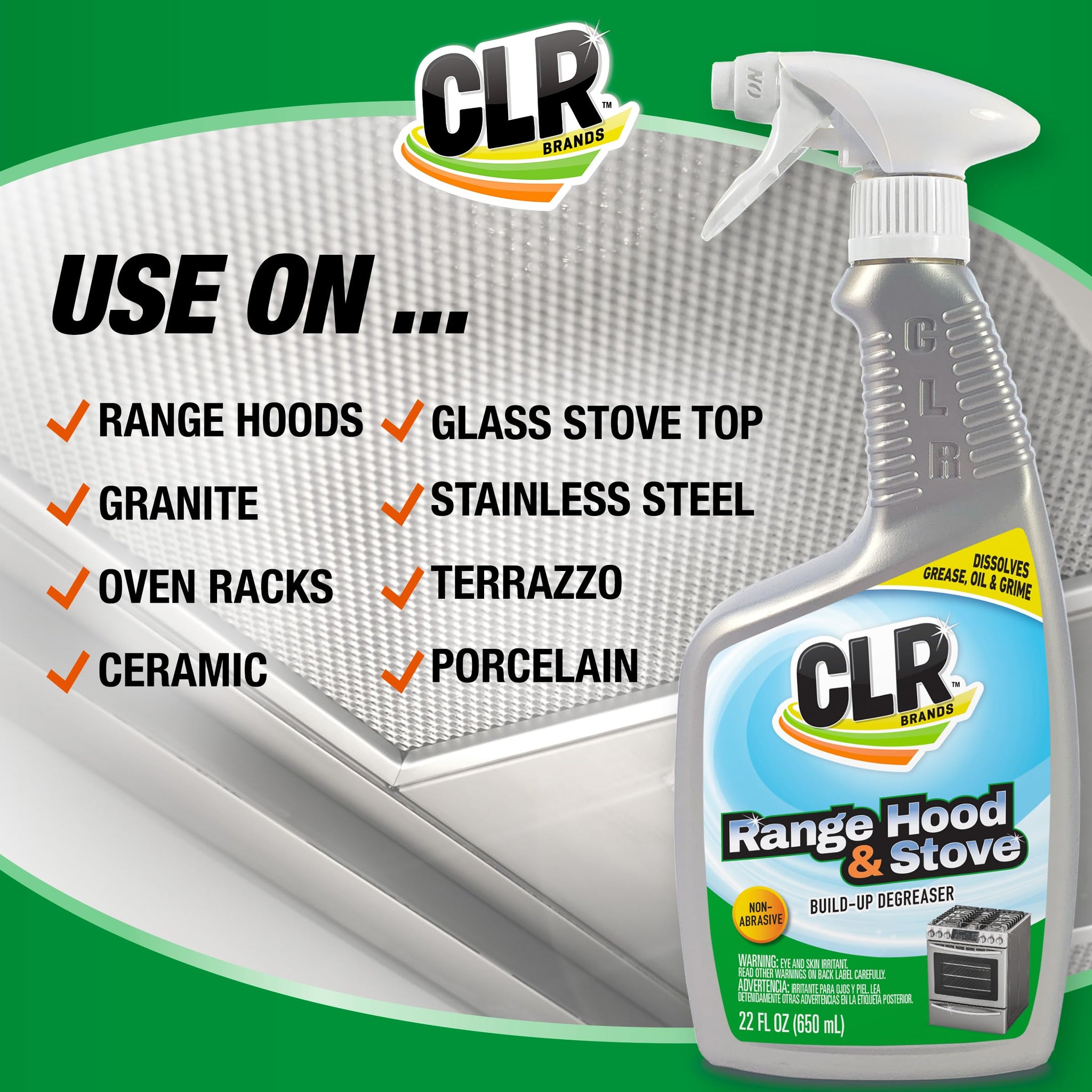 CLR Brands Range Hood & Stove Build Up Degreaser, 22 fl. oz., Fast Acting, Non Abrasive Cleaner, Works on Glass Stove Tops, Oven Racks, BBQ Grills