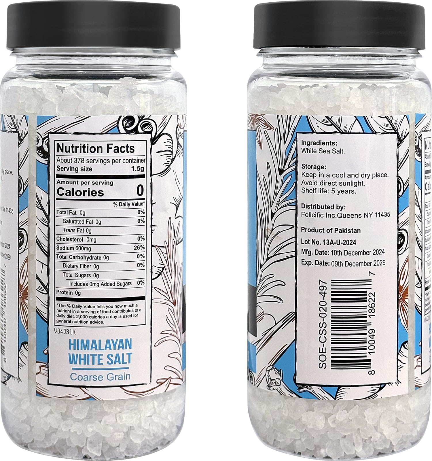Soeos Sea Salt, Coarse Grain, 20 Oz (1.25 Pound), Non-GMO, Nature Himalayan White Salt, Rock Salt for Grinder Refill (Pack of 1)