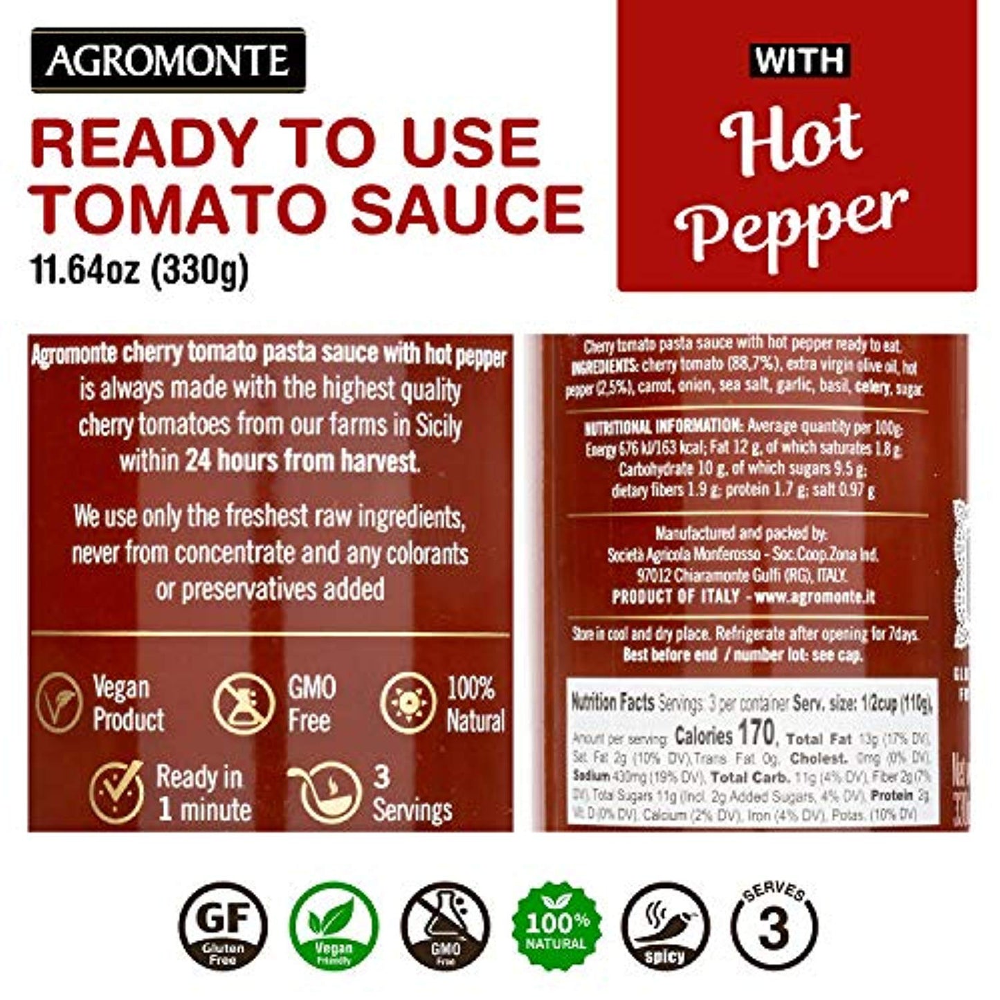 Agromonte Authentic Italian Cherry Tomato Pasta Sauce with Hot Peppers - Taste of Italy Gourmet Foodie and Chef Gift - Ready to Use, Certified Kosher