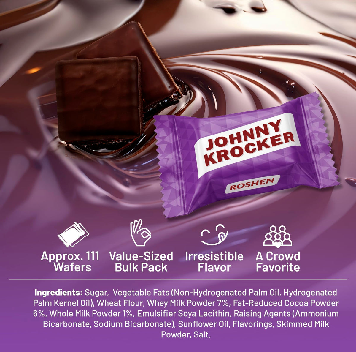 Roshen Johnny Krocker Dark Cocoa Wafers - 2.2 lb (1kg) Bulk Pack of Individually Wrapped Extra Crunchy Cocoa Wafers with Soft Milky White Cream