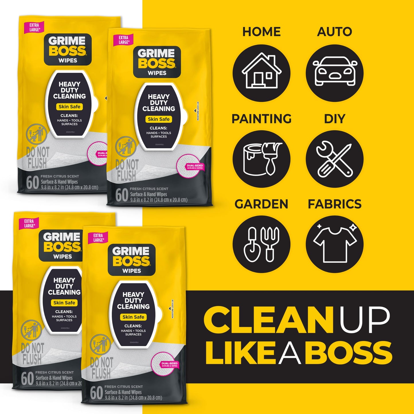 Grime Boss Heavy Duty Surface and Hand Wipes (4x60ct) | Wet Wipe Remove Paint, Oil, Grease, Adhesives, Mud, Dirt | Shop Rag Replace Cleaners like