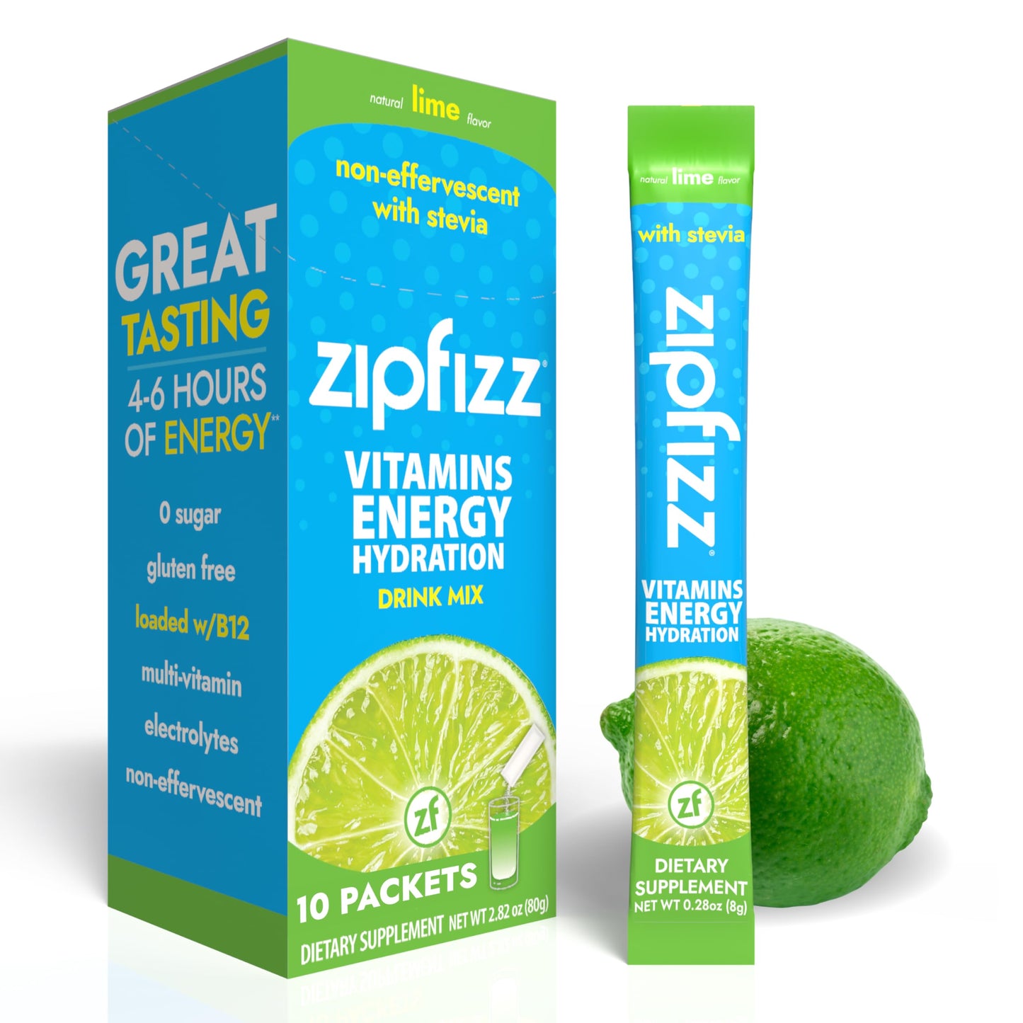 Zipfizz Stevia Energy Drink Powder, Lime, 10 Pack - 3-in-1 Sustained Energy, Rapid Hydration & Essential Vitamins - Sugar-Free, Non-Effervescent