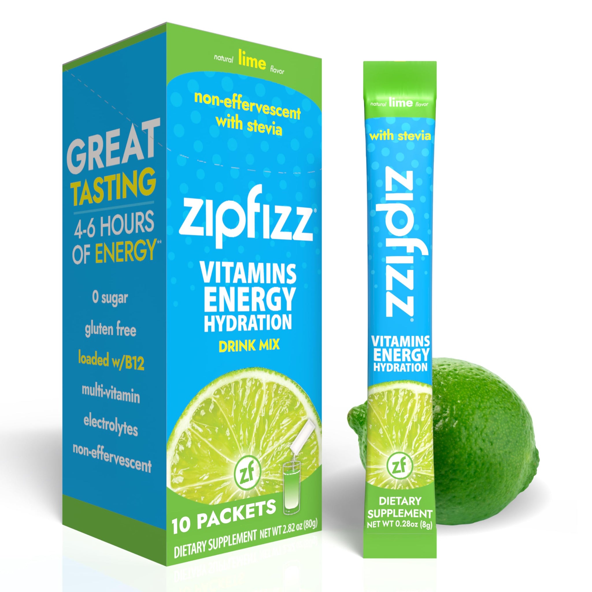 Zipfizz Stevia Energy Drink Powder, Lime, 10 Pack - 3-in-1 Sustained Energy, Rapid Hydration & Essential Vitamins - Sugar-Free, Non-Effervescent