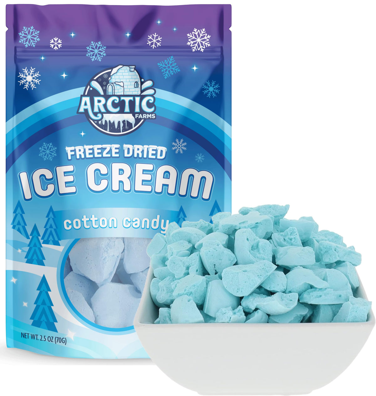 Arctic Farms Freeze Dried Ice Cream Bits Bagged and Boxed - Does Not Melt (Blue Cotton Candy)