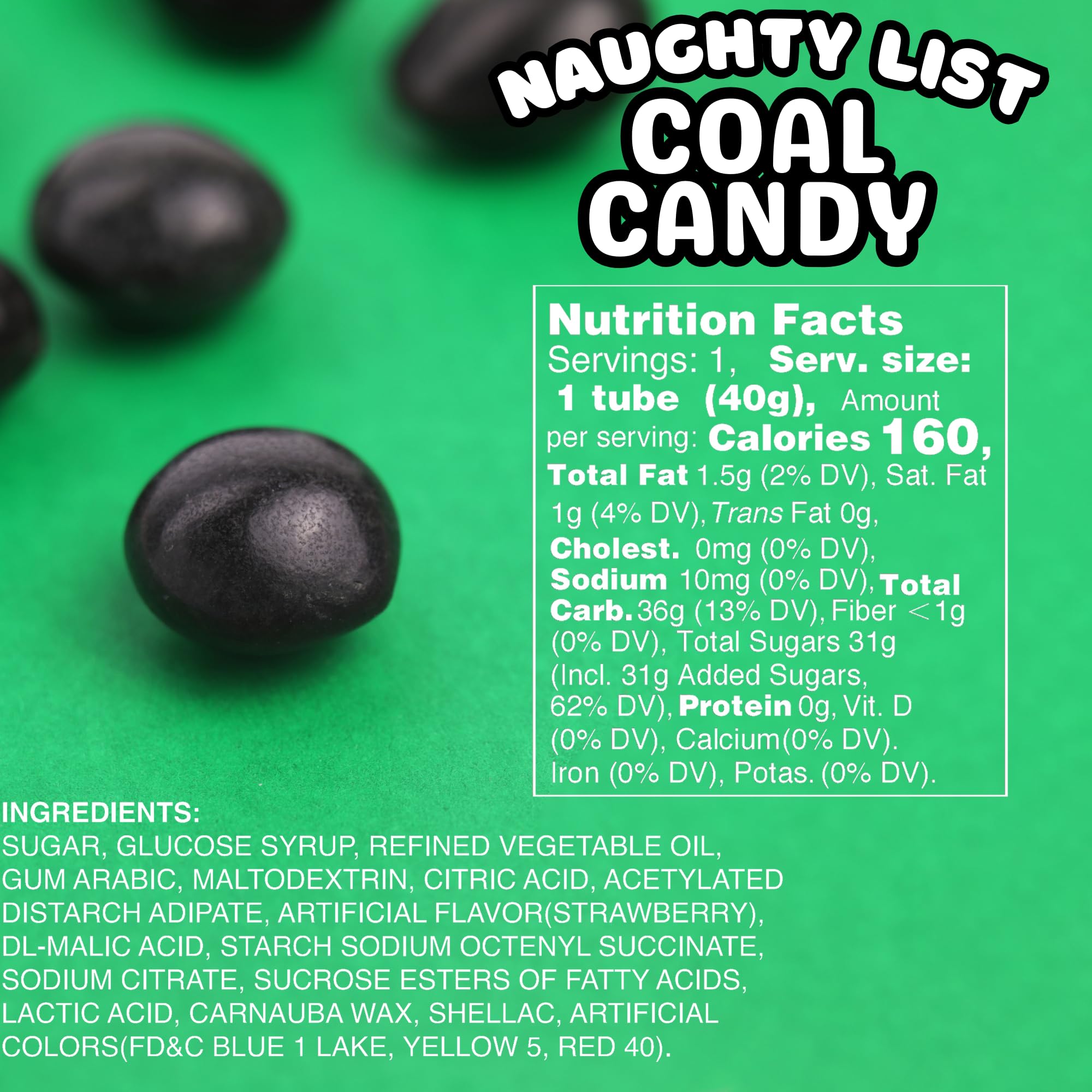 Naughty List Coal Candy Cane Tubes, Bulk Funny Christmas Stocking Stuffer Gag Gifts, Strawberry Flavored Chewy Treats, 1.41 Ounces (Box of 12)