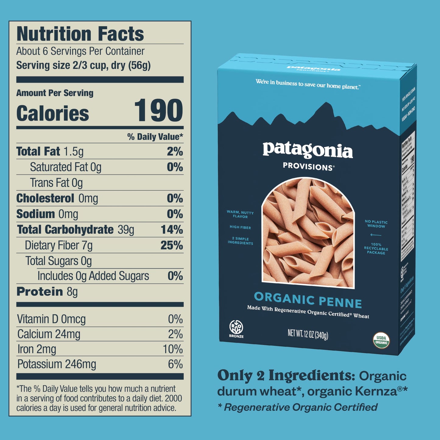 Patagonia Provisions Organic Penne Pasta | Regenerative Organic Certified® | Non-GMO | High Fiber & 8g of Protein | (1 Pack)