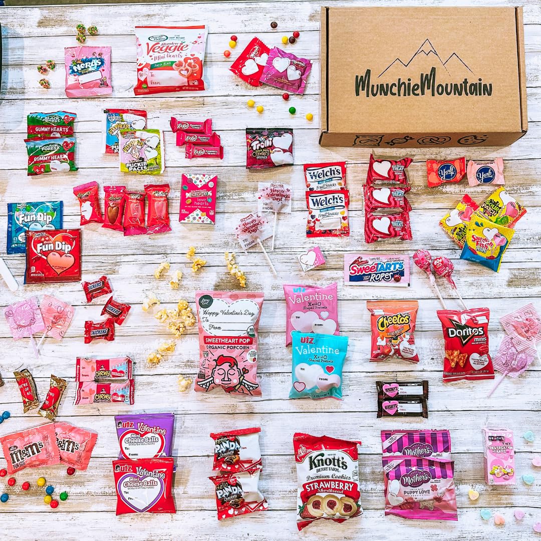 Munchie Mountain 75-Count Valentine Care Package and Valentine's Day Candy Snack Box for Boyfriend, Girlfriend, College student, Grandkids, Husband