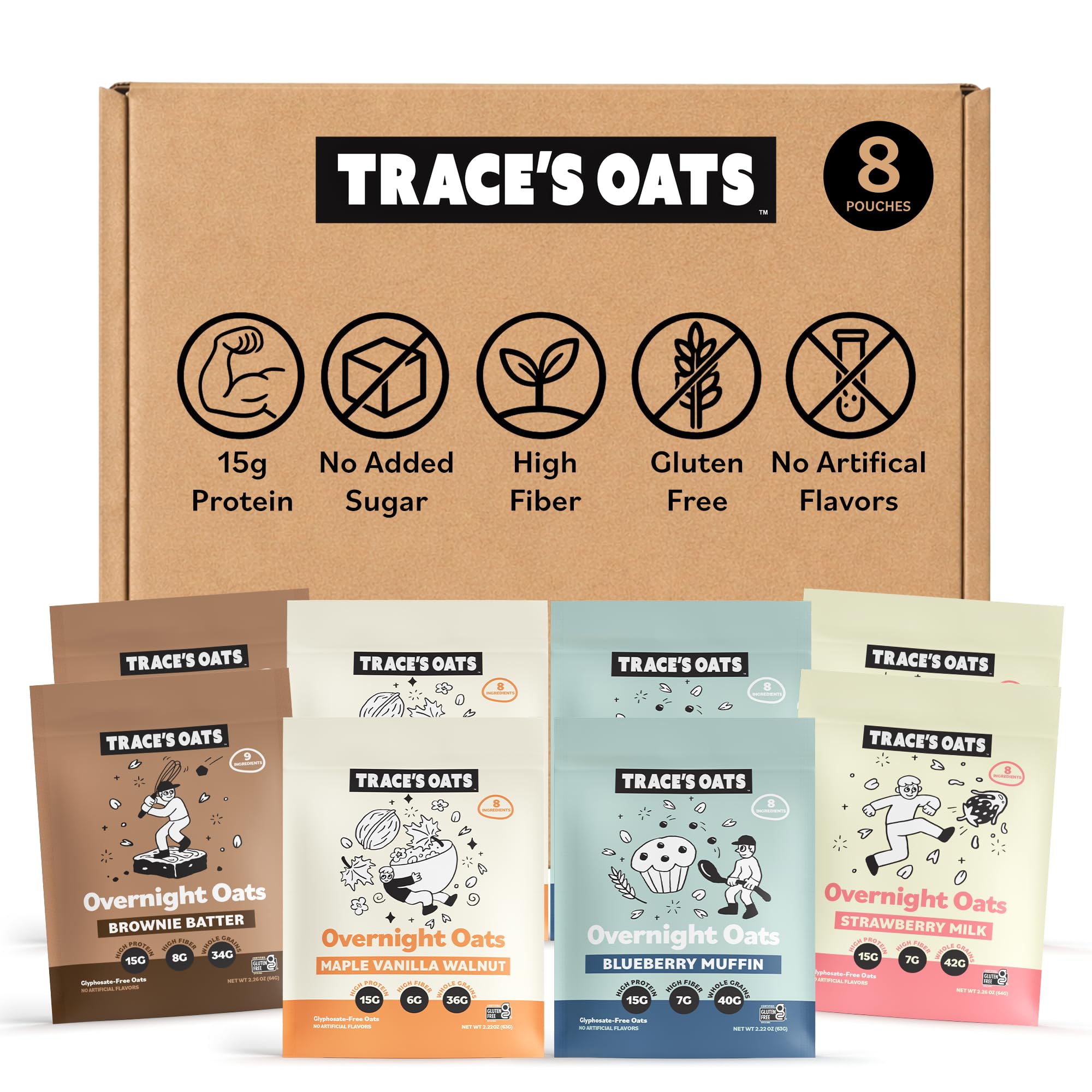 Trace’s Oats Overnight Oats with 15g Protein, High Fiber, Gluten Free, Glyphosate Free, 100% Plant Based, 4 Flavors (8 Pack) - Blueberry Muffin