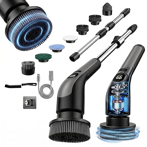 LIVINGPRO Electric Spin Scrubber with LCD Display, Cordless Cleaning Scrubber for Home, Upgraded 70W High-Power Motor, IPX7 Waterproof Dual Speed