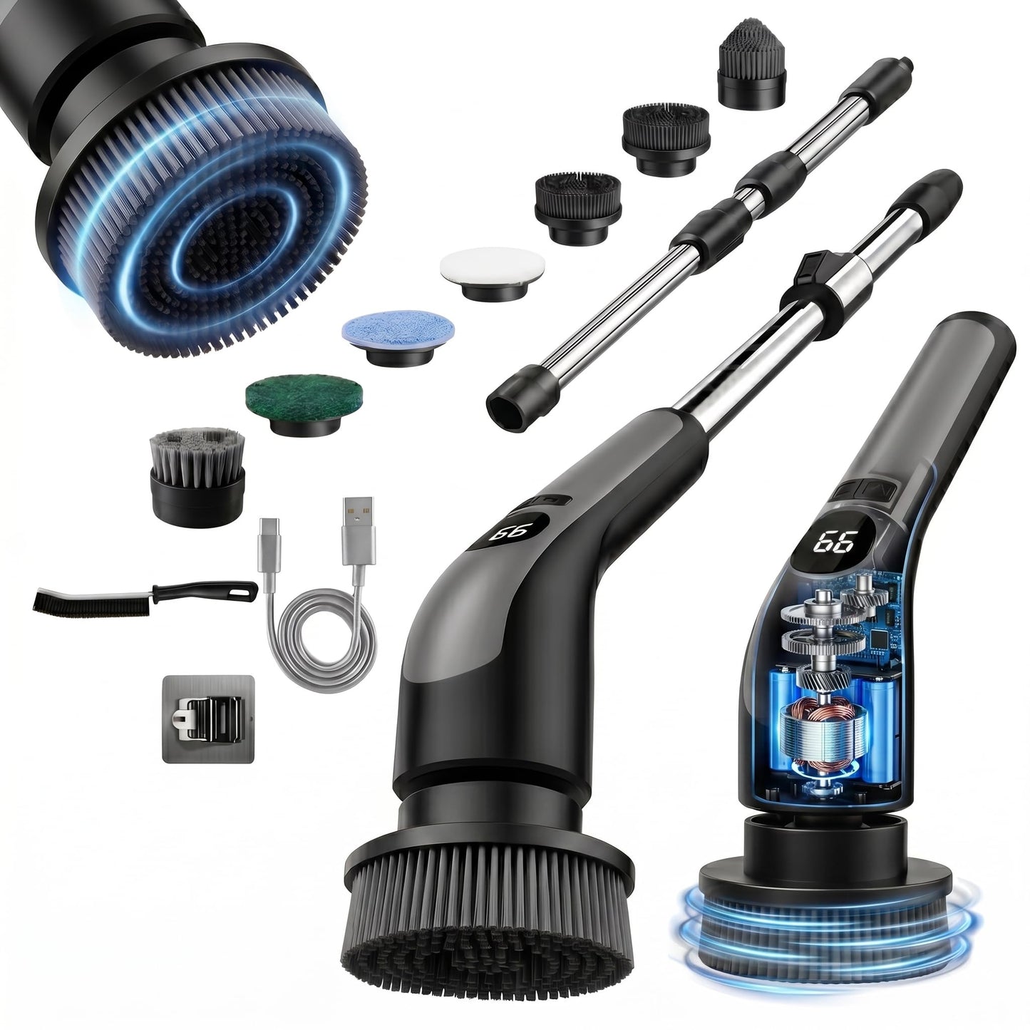 LIVINGPRO Electric Spin Scrubber with LCD Display, Cordless Cleaning Scrubber for Home, Upgraded 70W High-Power Motor, IPX7 Waterproof Dual Speed