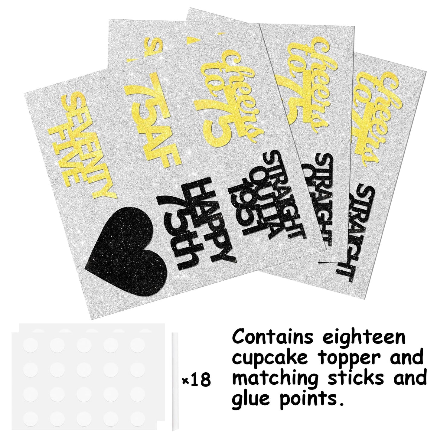 18pcs Black Gold Glitter Dessert Cupcake Pick for Straight Outta 1951 Cheer to 75 Years Old Theme Decor Supplies Happy 75th Birthday Party Decoration