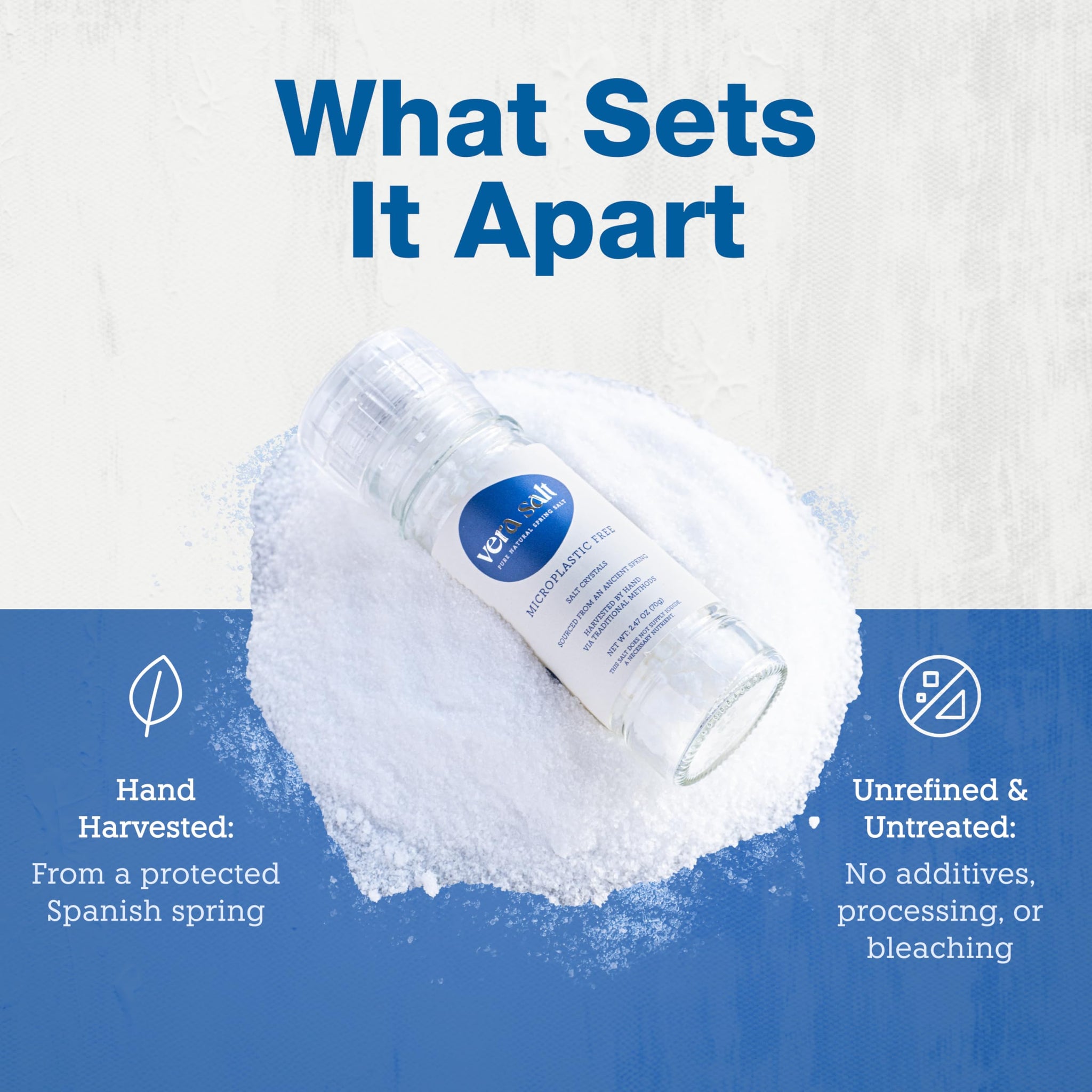 Vera Salt Coarse Spring Salt - 85g Refillable Glass Grinder - Hand-Harvested Spanish Crystals with Natural Minerals - Ceramic Grinding Mill