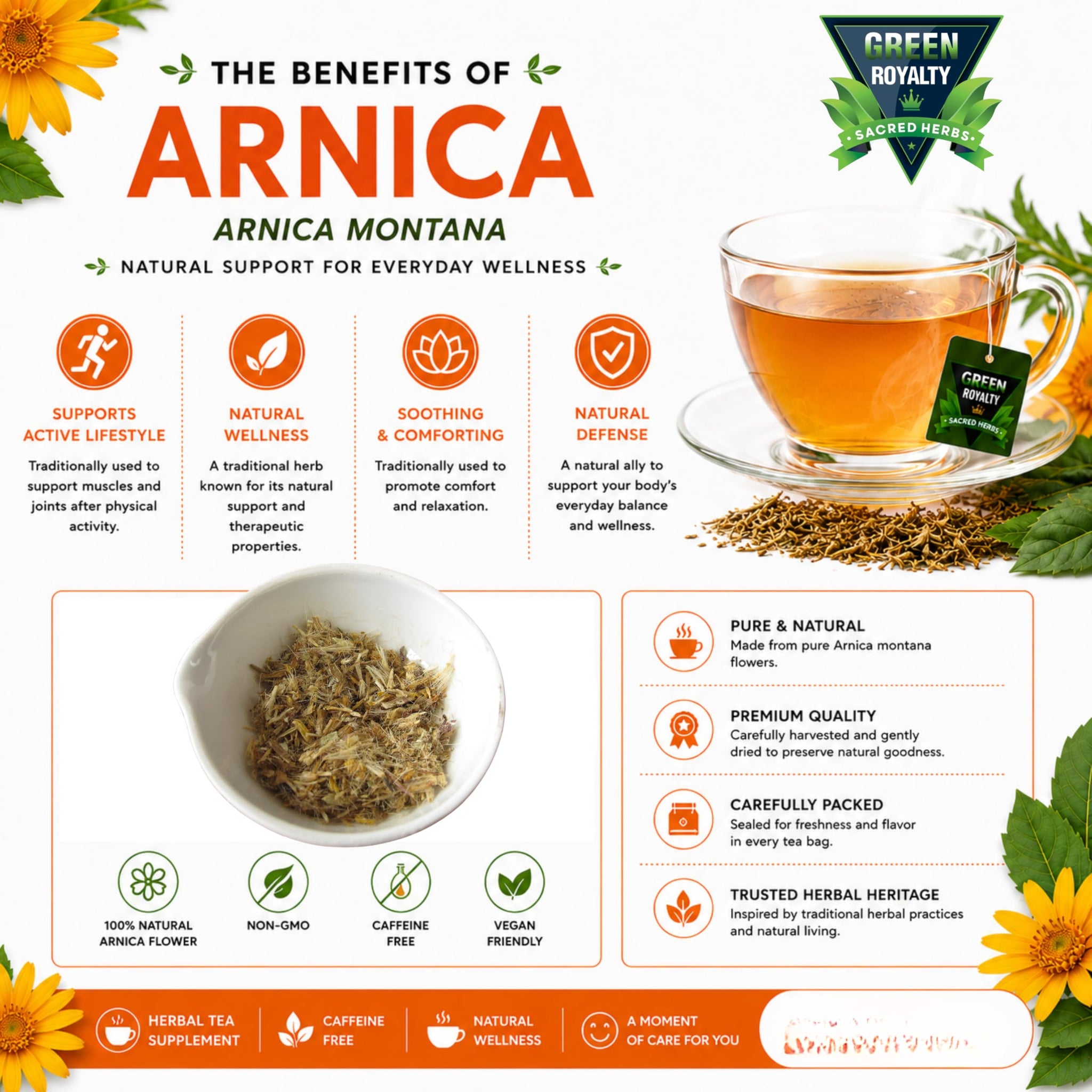 Green Royalty Arnica Montana Loose Herbal Tea - 100% Natural Arnica Flowers, Resealable Freshness Bag, Makes 30+ Cups, Hot or Iced Herbal Infusion