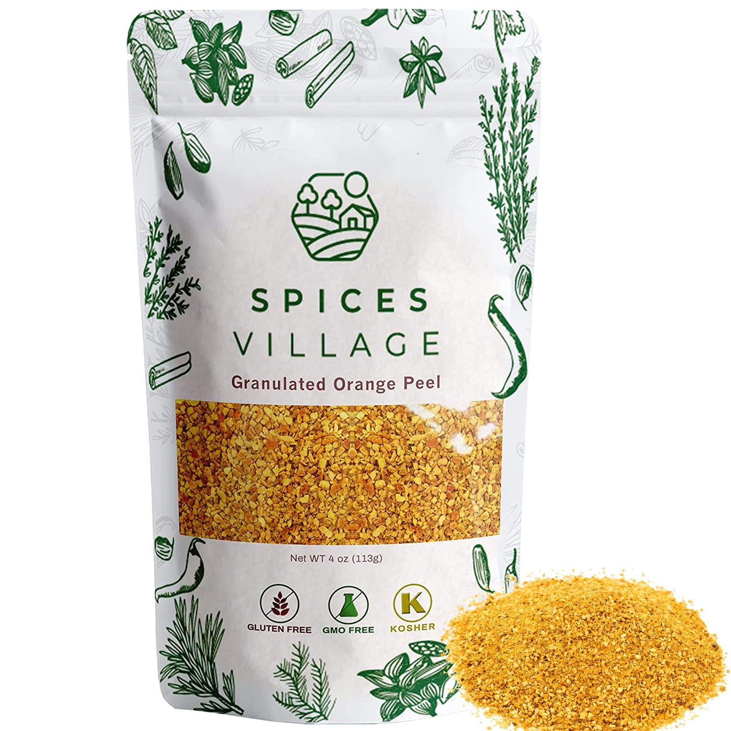 SPICES VILLAGE Orange Peel Granules, Dehydrated Orange Peel, 4 oz, Dried Zest, Dry Citrus Fruit Rind for Baking Cooking and Tea, Kosher, Gluten Free