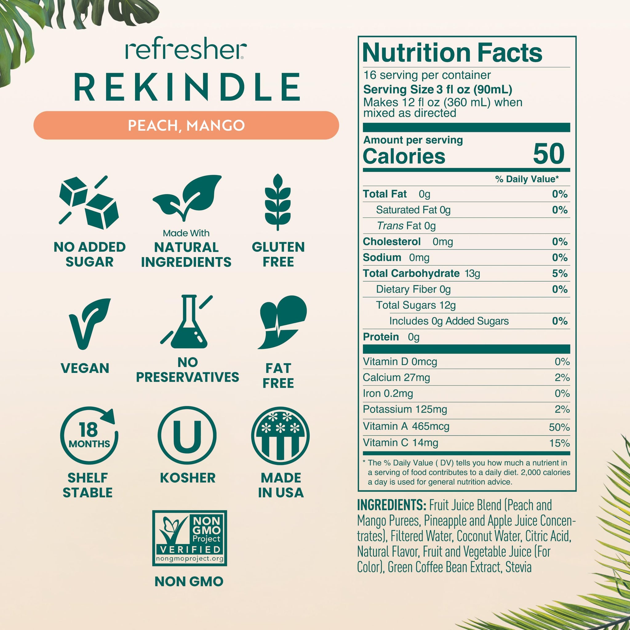 Smartfruit Rekindle Refresher - Peach, Mango - Made with Real Fruit Juice, No Added Sugar, Coconut Water for Hydration, Green Coffee Bean Extract