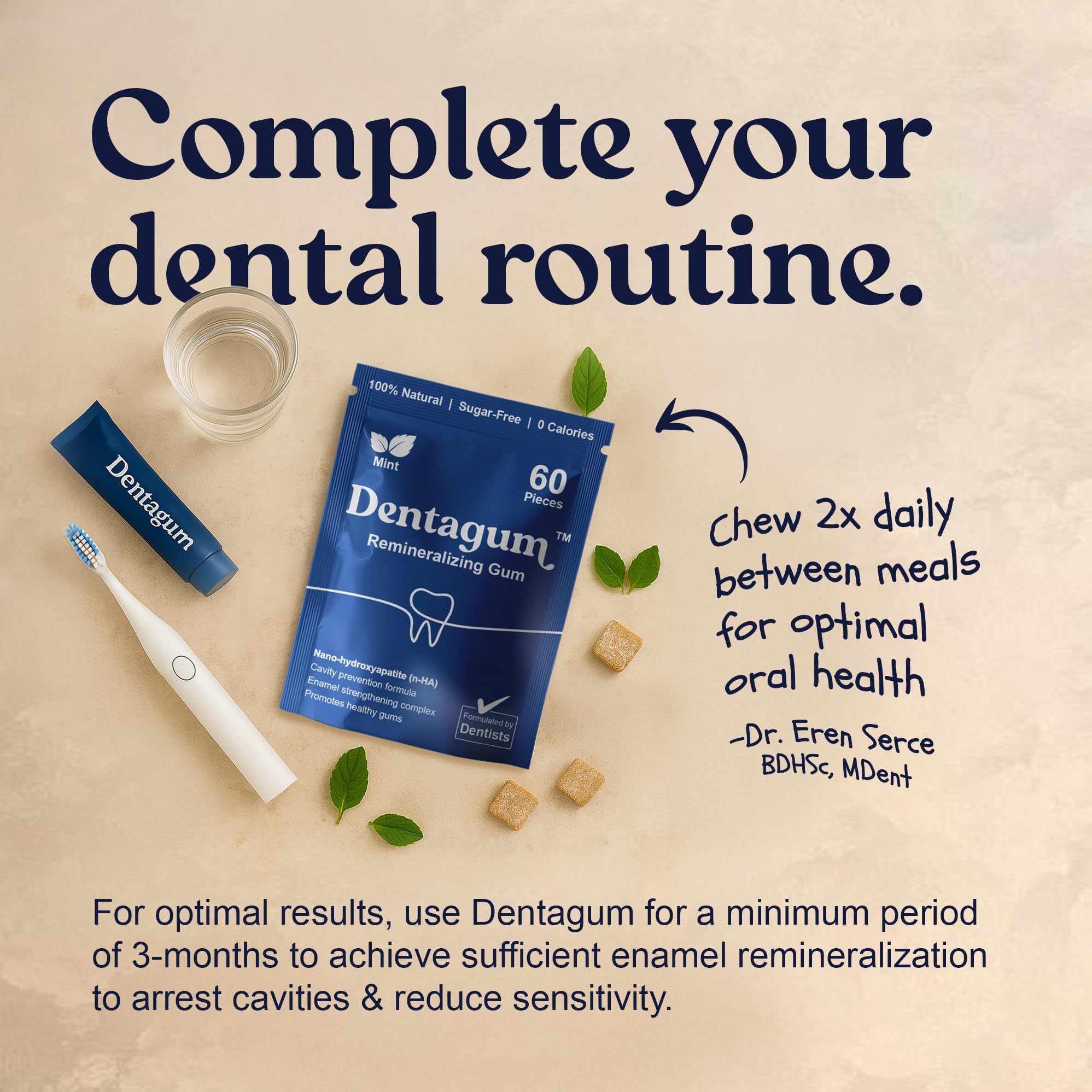 Dentagum Remineralizing Gum with Nano-Hydroxyapatite & Xylitol - SugarFree Chewing Gum for Enamel Repair, Cavity Protection & Receding Gums - 60