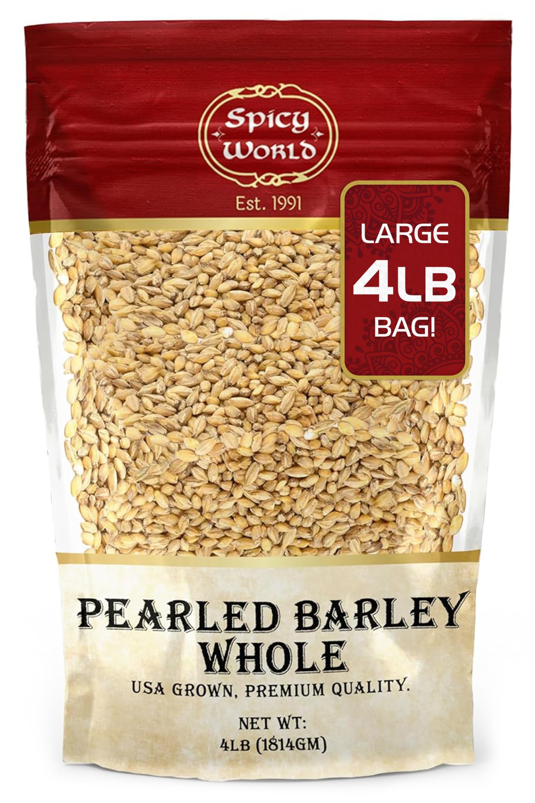 Spicy World Pearl Barley (Whole) Grain 4 LB Jumbo Bag - USA Grown (64oz) - All Natural, Non-GMO Source, Resealable